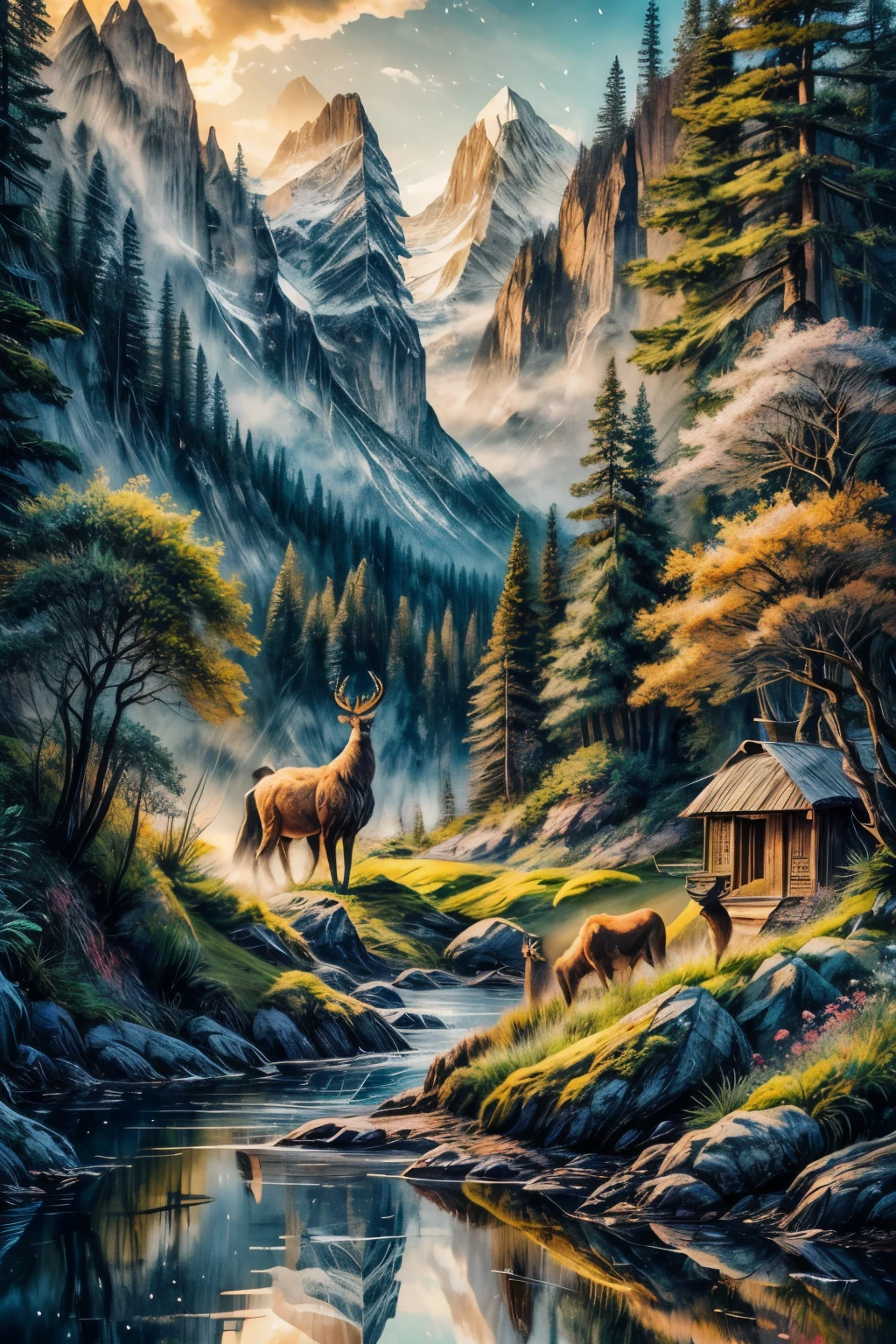 (best quality,4k,8k,highres,masterpiece:1.2),ultra-detailed,(realistic,photorealistic,photo-realistic:1.37),Bufalo,deer,eagle in nature,animals in their natural habitats,breathtaking scenery,abundant greenery,colorful flowers,tranquil waterfalls,tall trees and dense forests,clear blue skies,sunlight filtering through the branches,soaring eagle in mid-flight,majestic deer grazing in the grass,graceful bufalo roaming in the valley,sparkling river cutting through the landscape,reflection of the wildlife in the calm water,showcasing the beauty and diversity of nature,magical atmosphere,immersive wildlife experience,vibrant colors,crisp details,realistic textures,masterful composition,natural lighting,enchanting sights and sounds,awe-inspiring natural wonders,highly detailed fur and feathers,glistening eyes,expressive animal features,impressive scale and presence,dynamic and alive composition,harmony between animals and their environment,remarkable attention to detail,scenic beauty captured with precision and authenticity,pristine and untouched wilderness,discovering the wonders of nature through art,celebrating the magnificence of wildlife and their habitats,immersed in the beauty of nature,feel the serenity and power of the natural world.