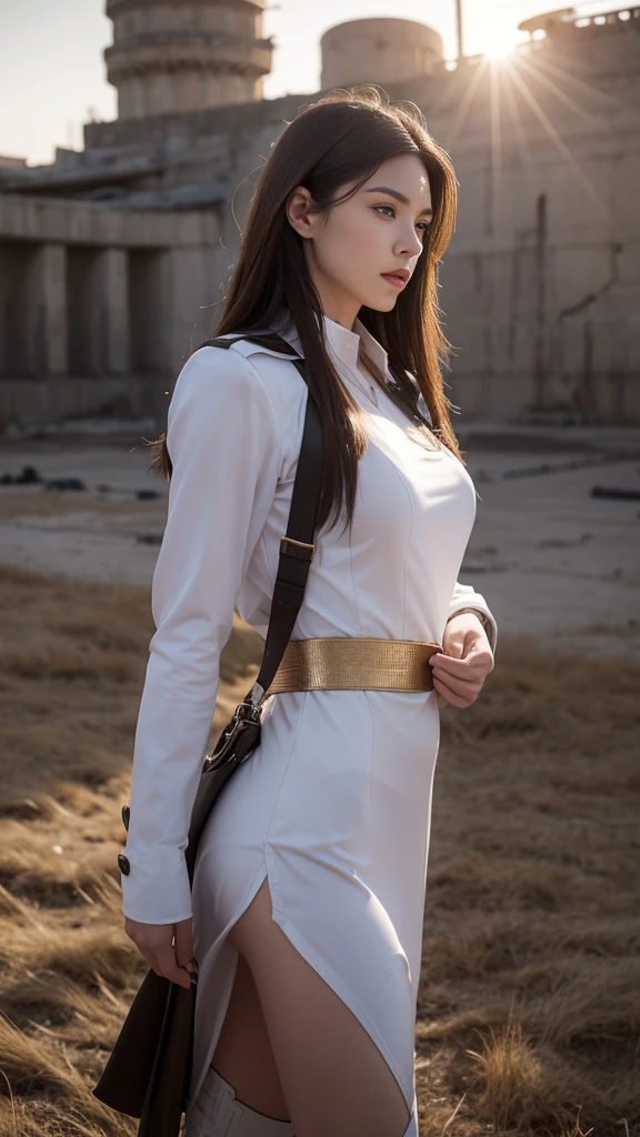 Imagine a scene set on the battlefield, where a beautiful soldier woman stands tall and resolute, her pale skin glowing softly under the harsh glare of the sun. Clad in a meticulously detailed soldier dress, every aspect of her uniform speaks to her strength and determination. From the precise stitching on her uniform to the polished shine of her boots, every detail is captured with precision. Her body exudes a quiet strength, with every muscle defined and toned from years of rigorous training. Her face is a study in determination, with piercing eyes that betray both resolve and compassion, and a jawline set in determination. Despite the hardships of war, her pale skin remains flawless, a testament to her resilience and inner strength. As she surveys the battlefield with a sense of duty and purpose, the contrast between her beauty and the chaos of war serves as a poignant reminder of the strength and courage of women in uniform."