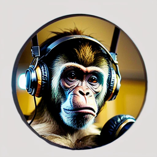 a close up of a monkey face, monkey with headphones, monkey dj, headphones are upside down, inspired by Alex Petruk APe, monkey, bored ape, face like monkey, monkeys, in style of monkeybone, in style of primal apes, ape, orange head