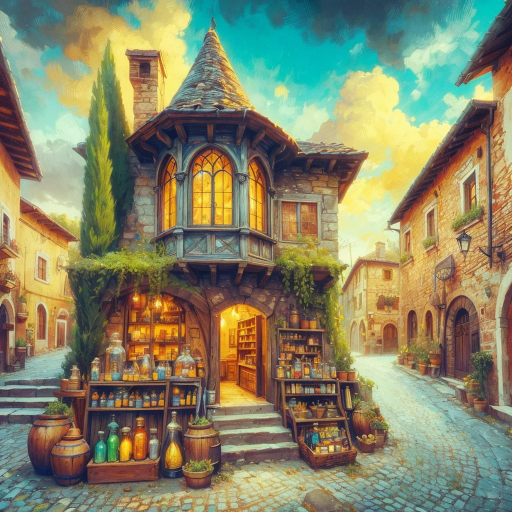 Witch's house on the small medieval Italian street  sells poisons, jars and herbs, magic sign on the door of the house, late afternoon, yellow clouds on the sky, fog around the roof, a lot of ravens in the sky, epic atmosphere 