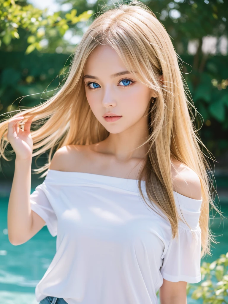 1girl in, age19, Solo, Super Long Straight Hair, Colossal , Looking at Viewer, blondehair, Bare shoulders, jewely, Full body, (Very detailed 8k wallpaper), Soft lighting, High quality, Film grain, Fujifilm XT3 sharp focus, F 5.6, high detailing, Sharp Focus,(Natural light), (gros-plan:1.2), (Seductive), off shoulder t-shirt, Realistic, A sexy、Beautiful bright ice white blue eyes