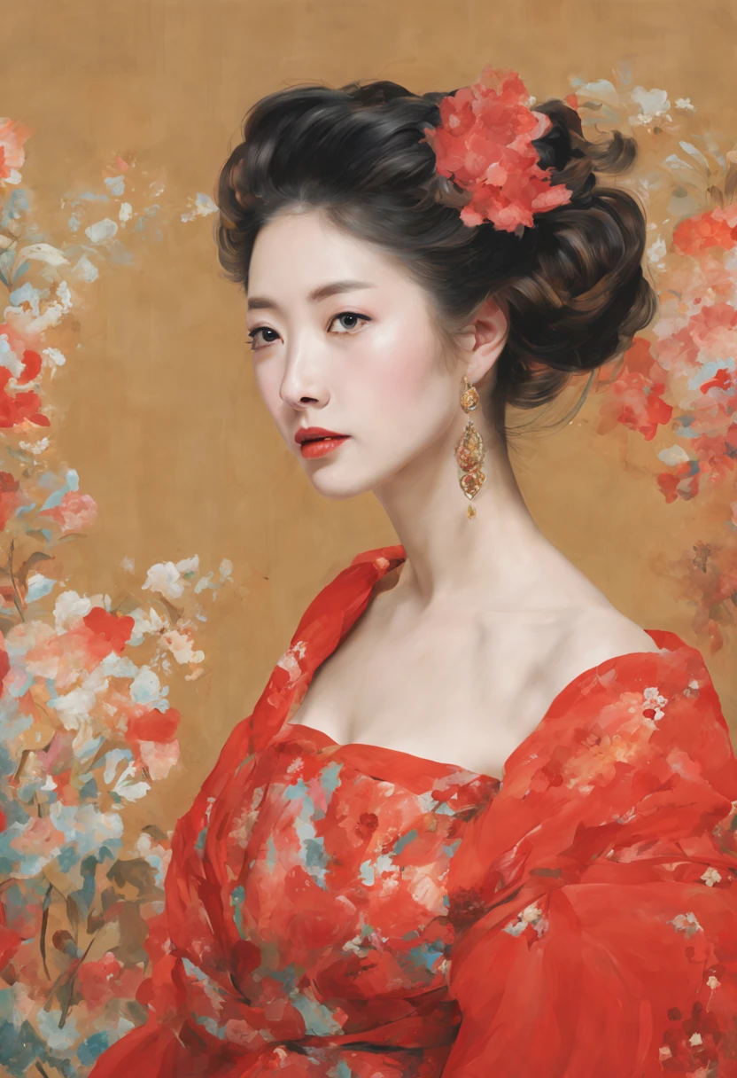 A woman is depicted with a painterly touch、Bright red dress