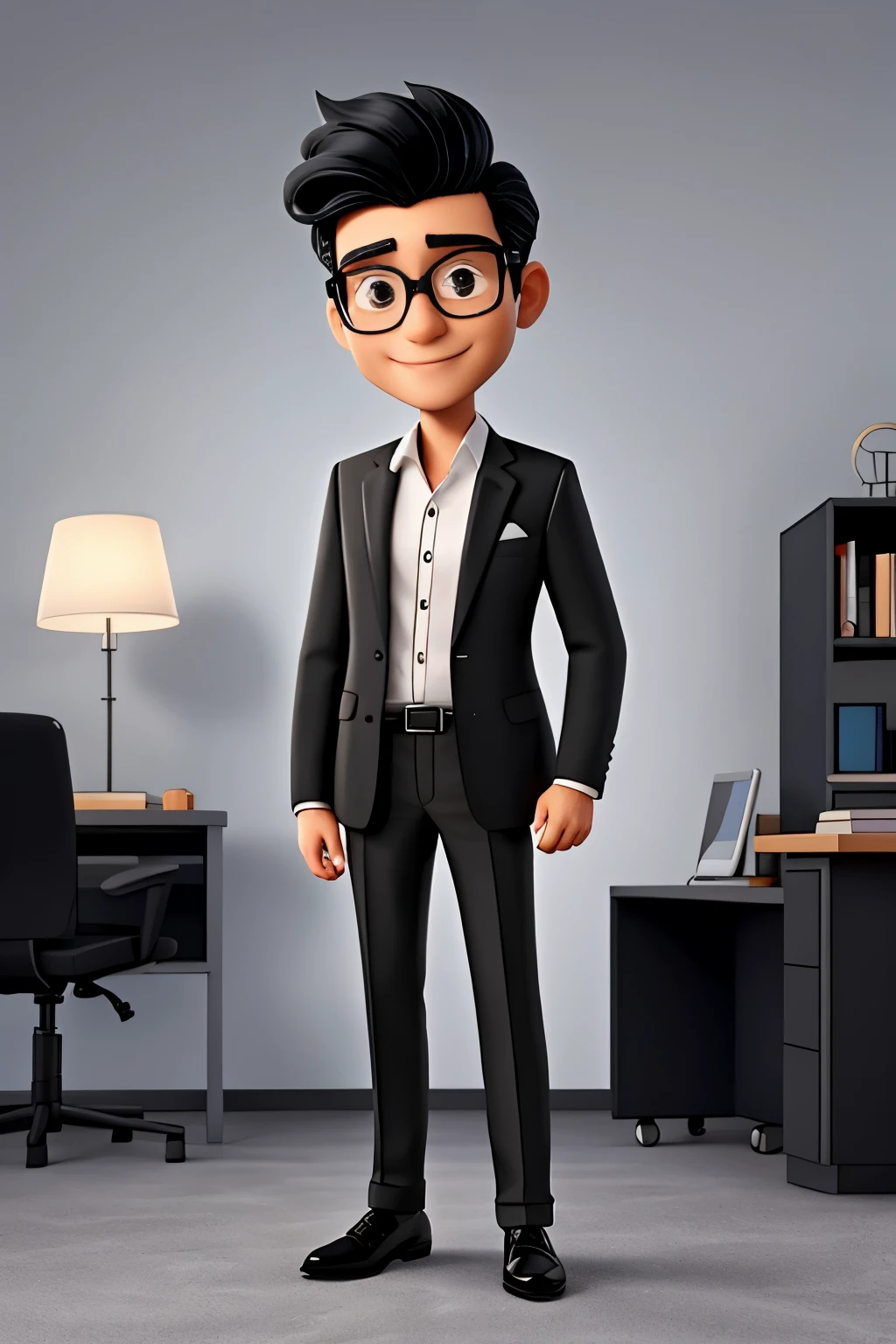 A successful businessman, donning a suit and glasses, flaunts a radiant smile. His sleek black hair, styled in a modern split design, adds an alluring touch to his professional attire.