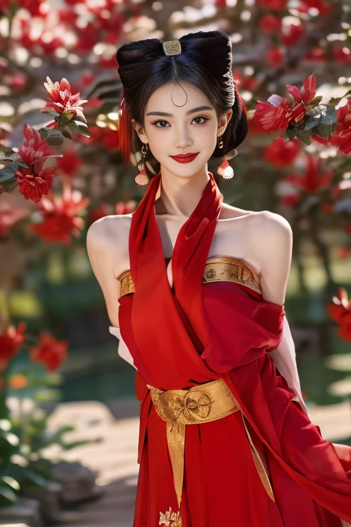 Masterpiece,best quality,1 girl, Bush, Smil, red dress, chinese clothes, bare shoulders, Pink Earrings, flower, magnificent palace, glorious, red scarf  