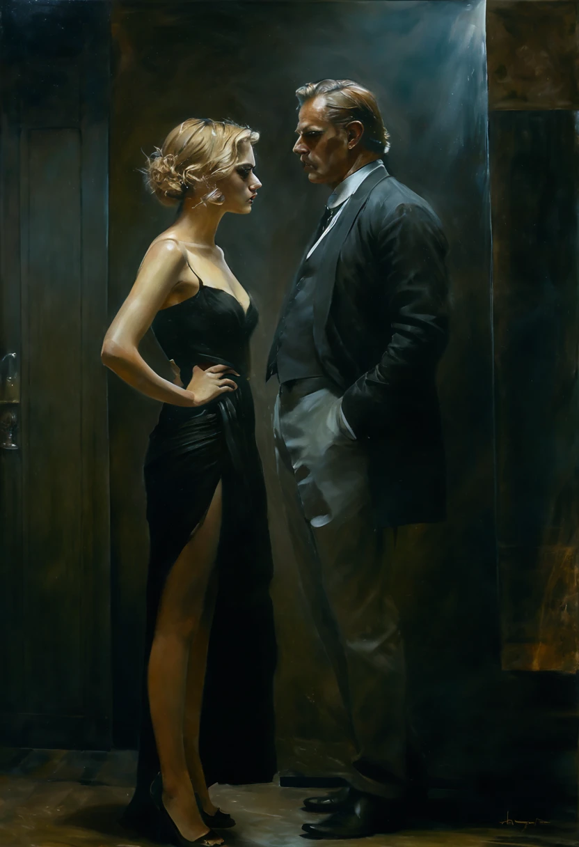 Beautiful cinematic Impressionistic painting, Dark Dramatic Character, in the style of Jeremy Mann and Charles Dana Gibson, Mark Demsteader, Paul Hedley