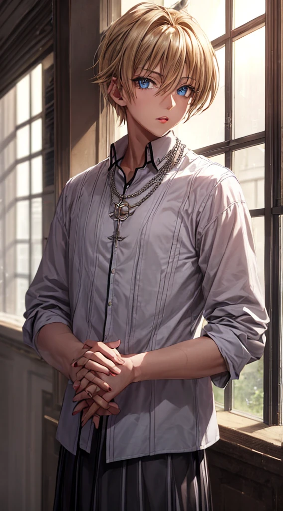 masterpiece, 最high quality, high quality, 1 boy, alone, male focus, looking at the viewer, Upper body, Yuto_Cuba, blonde hair, blue eyes, hair between eyes,1girl, solo, long hair, looking at viewer, bangs, skirt, brown hair, shirt, long sleeves, brown eyes, jewelry, white shirt, necklace, lips, own hands together, grey skirt, long skirt ,