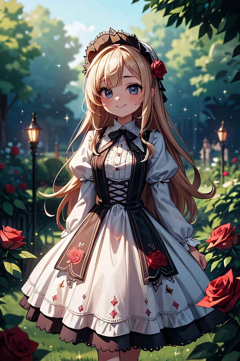 ((Masterpiece)), ((best quality)), (super detailed), (Professional Photography), (Professional Photography), 8K, lens flare, wide shot, Textured skin, cinematic lighting, 1girl, ((Beautiful Gothic ta pure-white-Dresses)), (very hoop-dress), Luxury roses embroidery, cute innocent young girl, ((hair over one eye)), Slender and small breasts, (long silky blond hair), (gothic loliakeup), beautiful hair, smile, (cute sparkle), Light particles, walking on beautiful Fantastic garden, (many red roses garden)