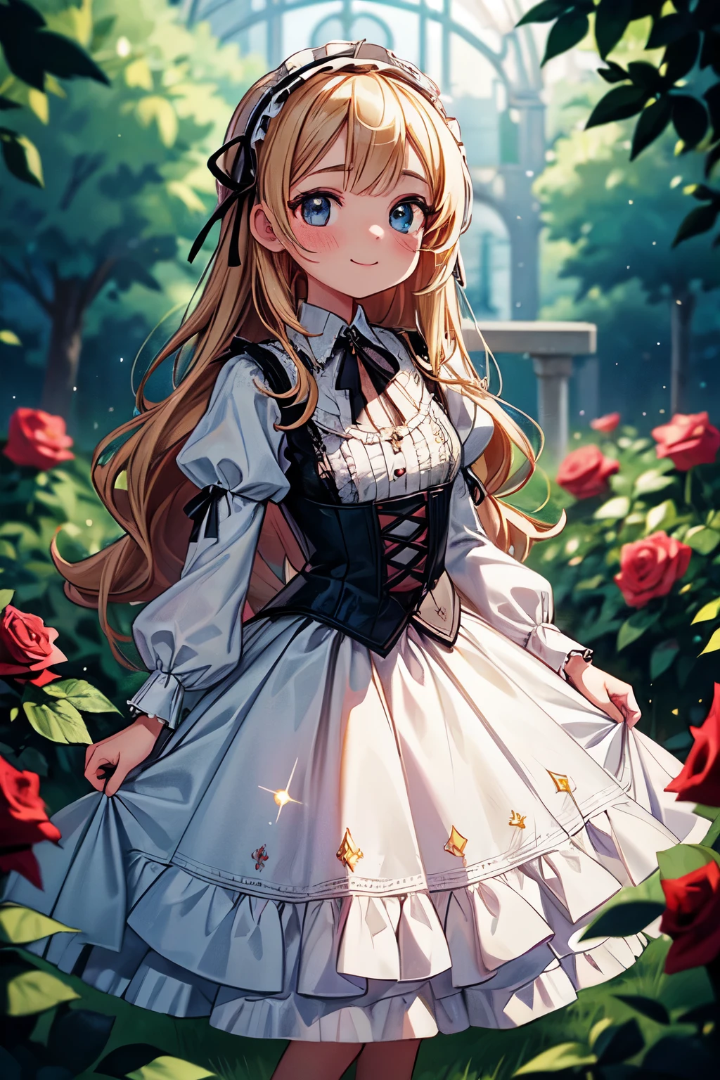 ((Masterpiece)), ((best quality)), (super detailed), (Professional Photography), (Professional Photography), 8K, lens flare, wide shot, Textured skin, cinematic lighting, 1girl, ((Beautiful Gothic ta pure-white-Dresses)), (very hoop-dress), Luxury roses embroidery, cute innocent young girl, Slender and small breasts, (long wavy blond hair), (gothic loliakeup), beautiful hair, smile, (cute sparkle), Light particles, walking on beautiful Fantastic garden, (many red roses garden)