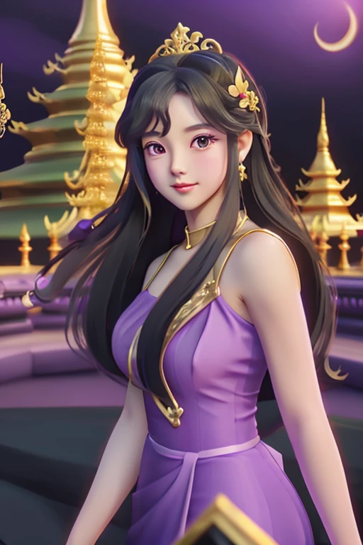 craft top notch, girl solo ((adult female)), long hair hair, princess (Black dress reflection) (Purple dress reflection) (Golden dress reflection) Fantasy, happy watching the viewer; cartoon anime (oil painting) Burmese girl 18 years old Bagan pagoda scene background clear Hd 8k