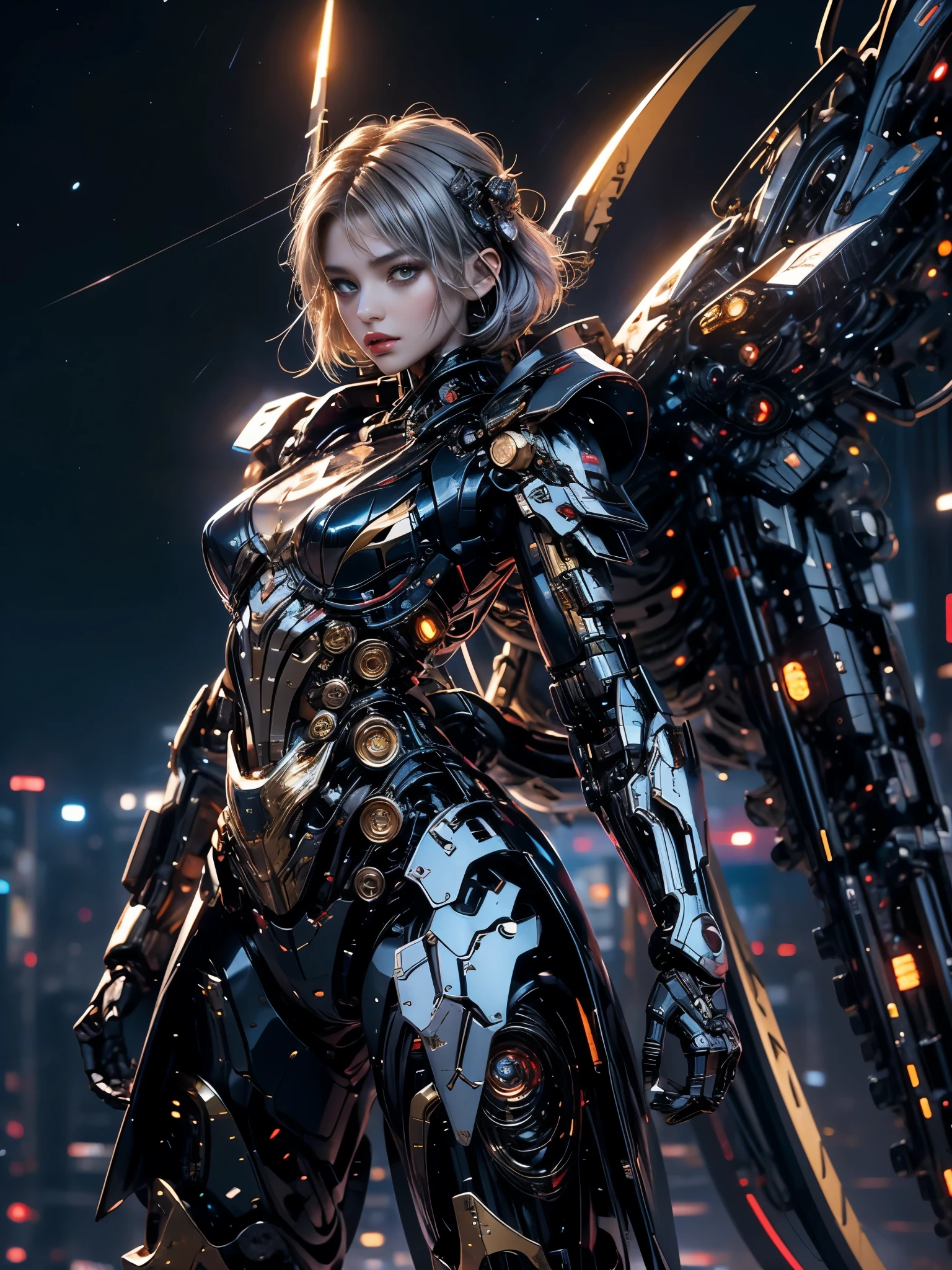 best image quality，excellent details，ultra high resolution，（fidelity：1.4），best illustrations，focus on details，daughter，Mecha wing，The background is a futuristic city，((night:1.8))，android beauty、Silver-haired medium bob、19 years old、Neat and detailed facial features、beautiful girl、Full mechanical armor based on black and gold、Banshee、backpack unit（Inorganic mechanical wing:1.4）cyberpunk characters，cigarette，volume light