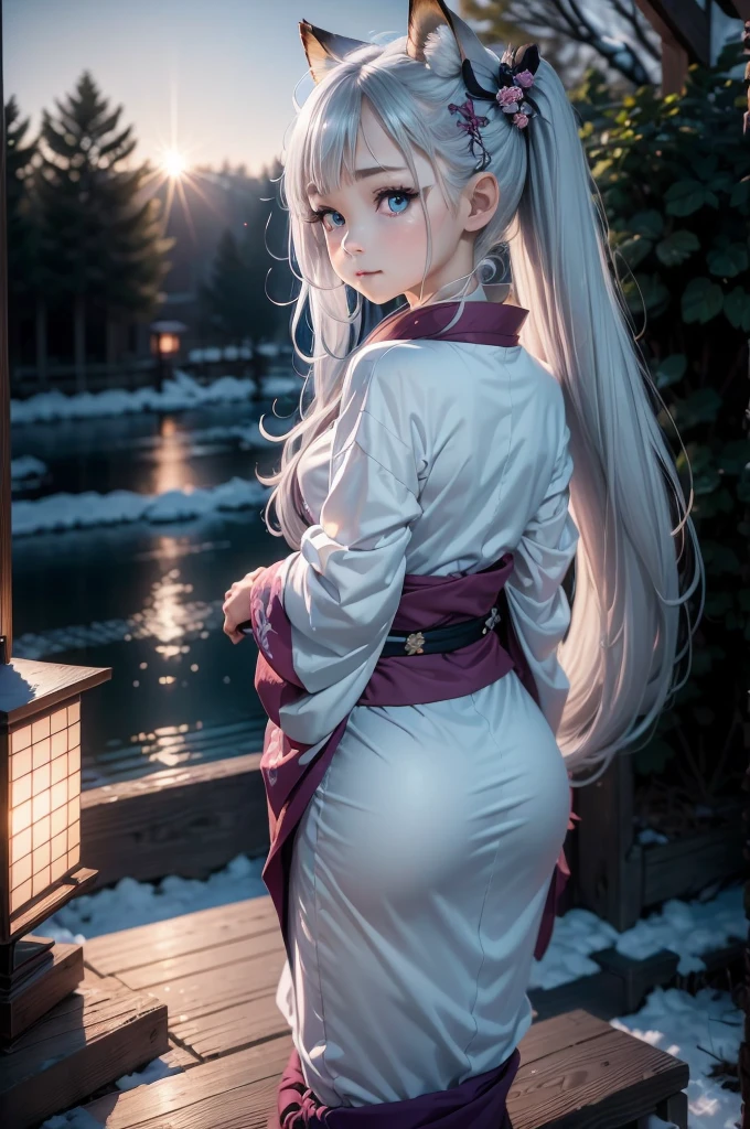 (High Detail CG Unity 16k wallpaper:1.1), (Noise reduction strength:1.45), (masterpiece:1.37), original, (andても上品で美しい), (perfect details), (Unity CG8K Wallpaper:1.05), (beautiful clear background:1.25), (one pretty girl (2 fox ears:0.9) and (fox tail on the back:1.2) Stand by the river:1.15). (Cute type:1.3), (narrow clean eyes:1.lettie face:1.3), silver hair, silver ears, (pink hair:0.7), (Pink ears:0.7), long hair, (japanese kimono:1.25), (windblown hair:1.1), (blue eyes:1.1), ( girl:1. 1) butterfly flapping its wings, (moonlight:0.6), wood, snow dance, (Winter orientation), (night:1.2), (gloves:0.8), alone, (figure), (Depth of bounds written:0.7), (close :0.35), god's rays, sparks, shining light, (must-have)