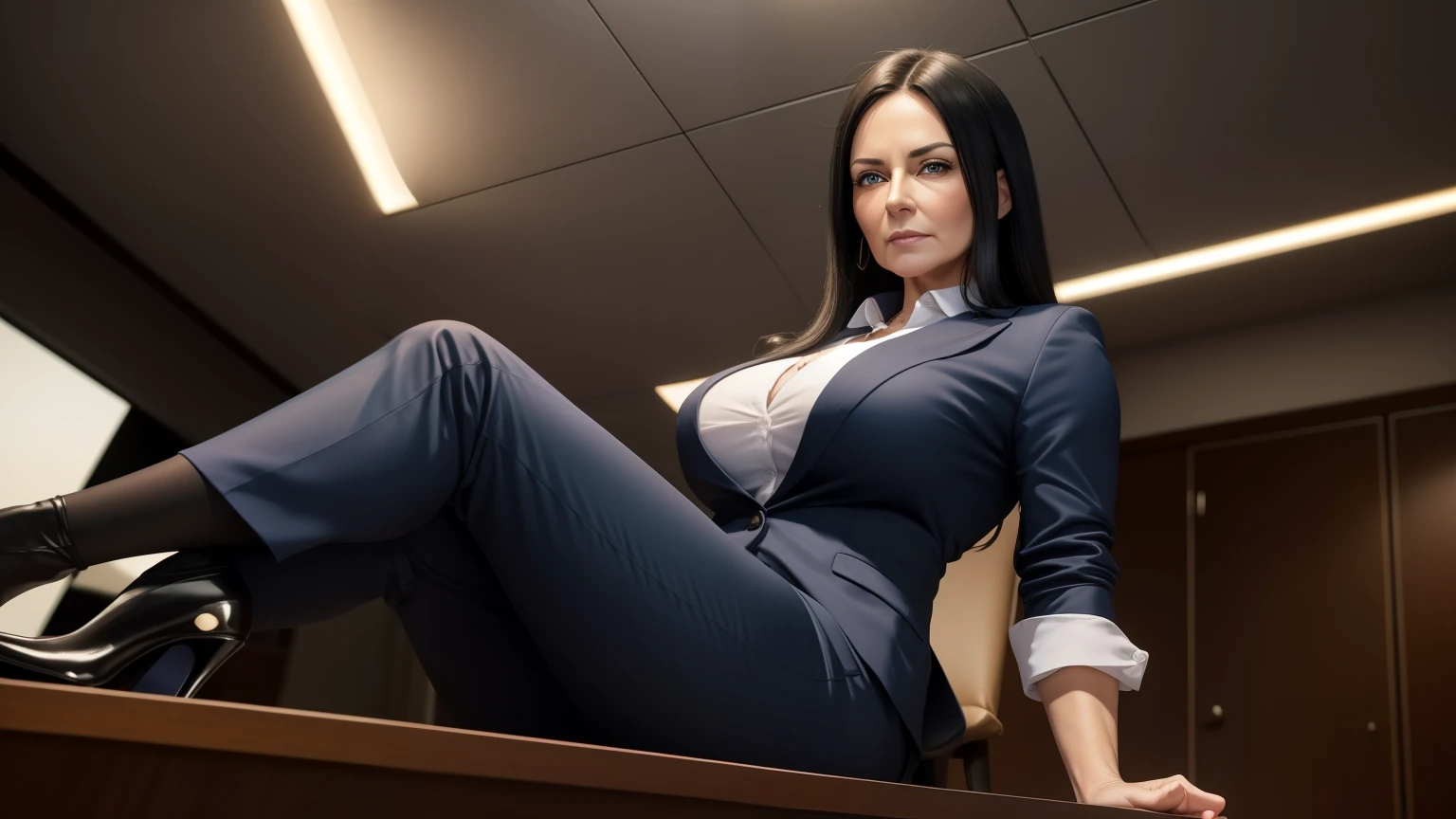 45-year-old woman with black straight hair, long straight black hair, blue eyes, a lot of wrinkles on her face, old woman, old body with wrinkles, detailed wrinkles (Old women in Europe) proper eye position,cinematic light, soft light, night time, soft moonlight, detailed background, clear background, milf, highly detail, 8k, office, detailed face, extra detailed eyes, beautiful eyes, perfect eyes, director's office room, clear background, office computer worker room background, sexy office worker suit, office worker clothes, ultra detailed background, detailed background, perfect visible background, solo, huge breasts, short blouse, closed legs, low stockings, carismatic, very detail, there is a mature woman in the room, she is a boss, office theme, soft clothes, long hair, wearing cloth pants blazer, 45 years old, wearing high heels, sits on big table, long skirt ((very fit female athletic sexy muscle body))
