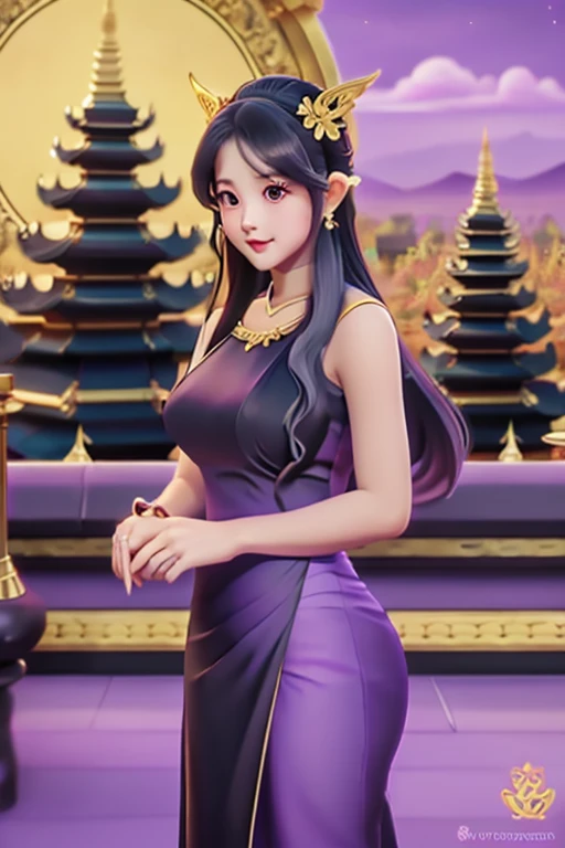 craft  top notch,  girl  solo  ((adult female)),  long hair  hair,  princess  (Black dress reflection) (Purple dress reflection) (Golden dress reflection) Fantasy,  happy  watching the viewer;  cartoon  anime  (oil painting) Burmese girl  18 years old Bagan pagoda scene background clear Hd 8k
