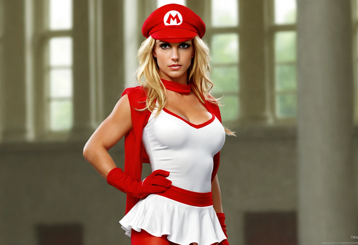 (solo, centered)1.5 young (Britney Spears:0.9) ((ohwx woman)) as (super Mario), (red hat), (white tight cropped top) and (red tight microskirt):1.2, (black pantyhose:1.4), huge natural breasts, fantasy, highly detailed, digital painting, artstation, concept art, sharp focus, illustration, art by Tony Sart and artgerm and randy vargas, (castel rendered in 3D  as background). Extremely high-resolution details, photographic, realism pushed to extreme, fine texture, incredibly lifelike, (solo, centered)1.5