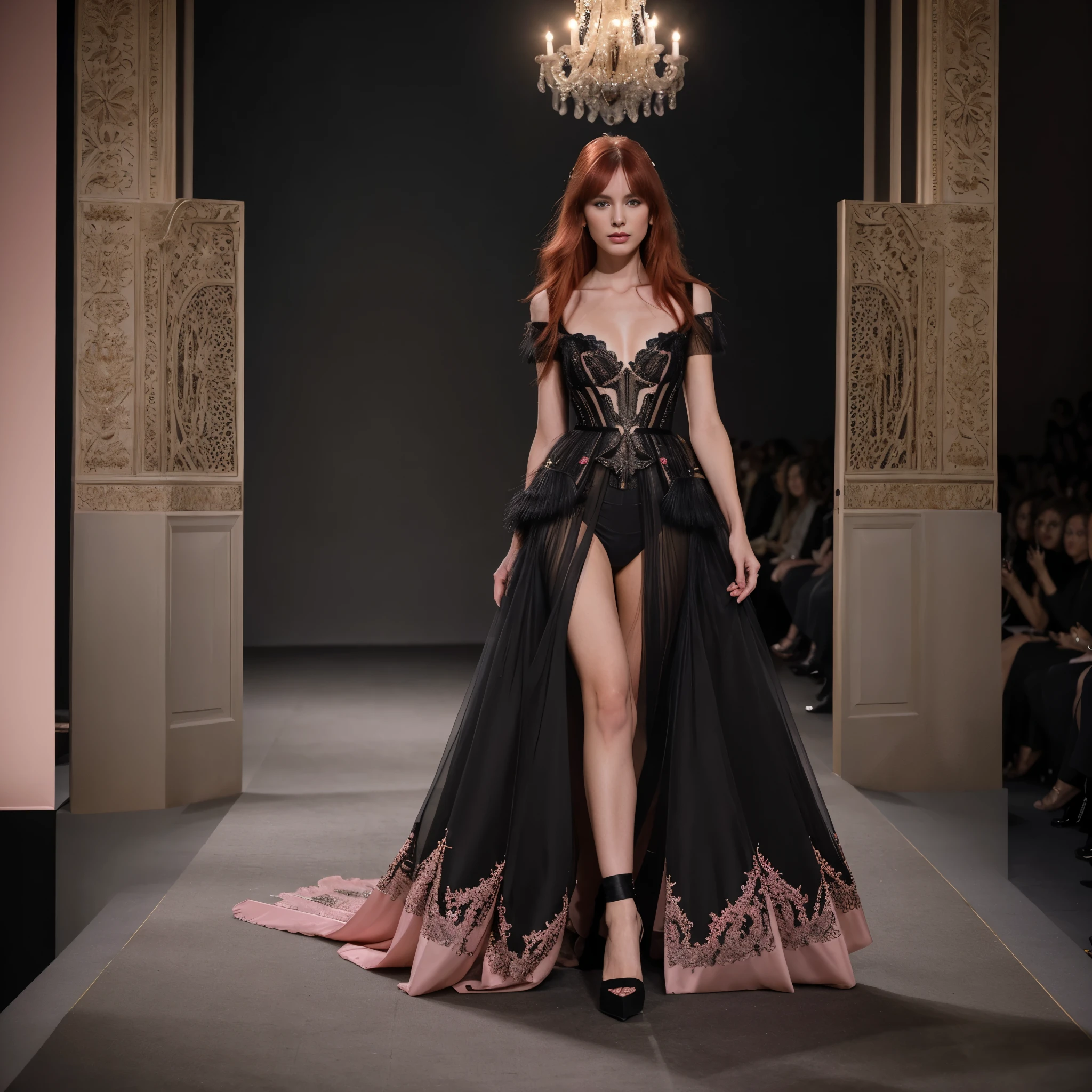 Capture a stunning and highly detailed photograph of a young runway model with vibrant red hair, gracefully showcasing an haute couture dress adorned with pink and black fringe details during a fashion show in Milan. Utilize a top-tier camera such as the Canon EOS R6 Mark II or Nikon D850, paired with a lens suitable for fashion photography, like an 85mm or 135mm lens. Pay meticulous attention to lighting, ensuring it accentuates the intricate details of the dress while highlighting the model's features. Aim for a composition that not only captures the elegance and poise of the model but also emphasizes the movement and texture of the fringe on the dress. Strive for a professional image that reflects the glamour and sophistication of high-fashion runway moments, providing viewers with a glimpse into the world of Milanese couture.