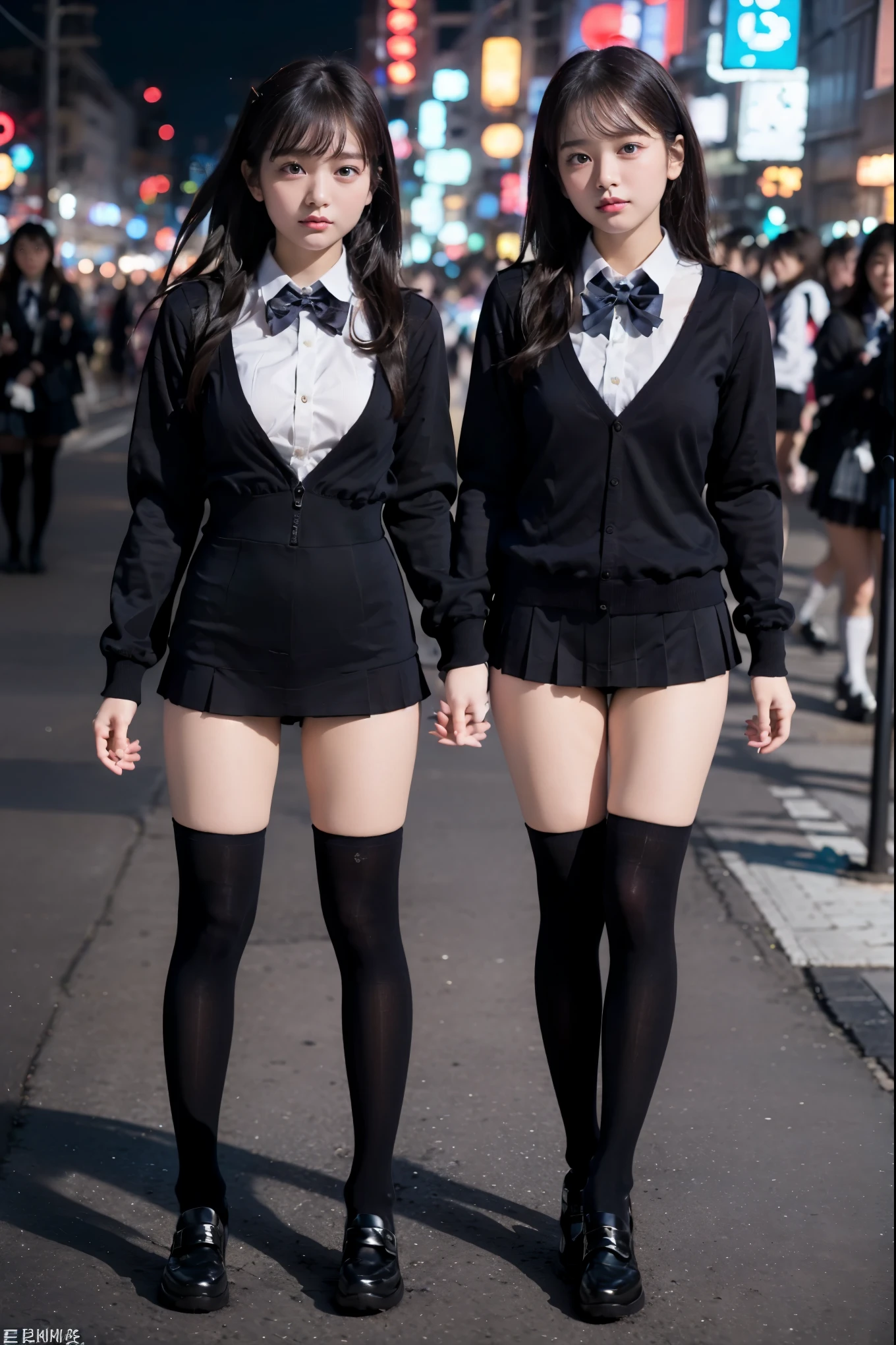 (I photographed the whole body)、street snap、A baby-faced girl wearing a short skirt and bow tie stands in a neon street at night..(expensive)のgal女性が3人います、(3 girls)、(gal)、amazingly cute 、Microsailor suit、Winter clothes、Japanese school black uniform、(big breasts、The shirt opens at the chest, expose a lot of cleavage.)、Girl in surreal female uniform、Wearing a dark blue uniform、 Pause、Full body Esbian、nice skin、glowing skin、nice thighs、(long legs)、(wide thighs)、(micro hining thighs、With garter、(opaque black knee high socks)、((By everyone)(I definitely wear black knee socks that go above the knee.))、I&#39;Iはハイヒールの革靴を履いています、Japanese high school 、Nogizaka Idol、korean idol、Invite you inside、Inviting eyes