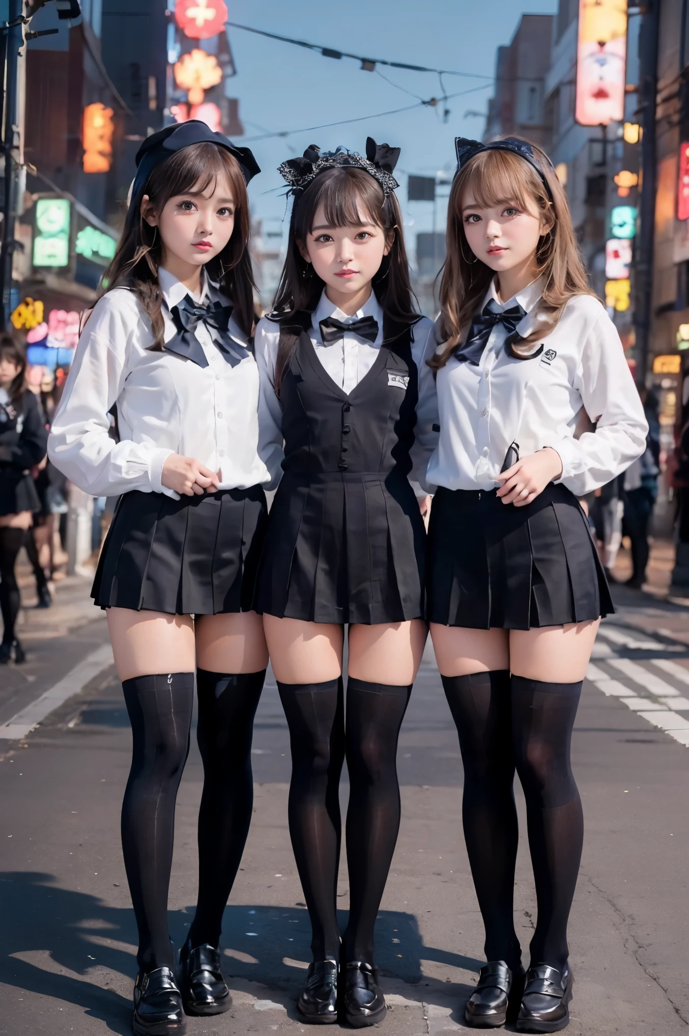 (I photographed the whole body)、street snap、A baby-faced girl wearing a short skirt and bow tie stands in a neon street at night..(expensive)のgal女性が3人います、(3 girls)、(gal)、amazingly cute 、Microsailor suit、Winter clothes、Japanese school black uniform、(big breasts、The shirt opens at the chest, expose a lot of cleavage.)、Girl in surreal female uniform、Wearing a dark blue uniform、 Pause、Full body Esbian、nice skin、glowing skin、nice thighs、(long legs)、(wide thighs)、(micro hining thighs、With garter、(opaque black knee high socks)、((By everyone)(I definitely wear black knee socks that go above the knee.))、I&#39;Iはハイヒールの革靴を履いています、Japanese high school 、Nogizaka Idol、korean idol、Invite you inside、Inviting eyes