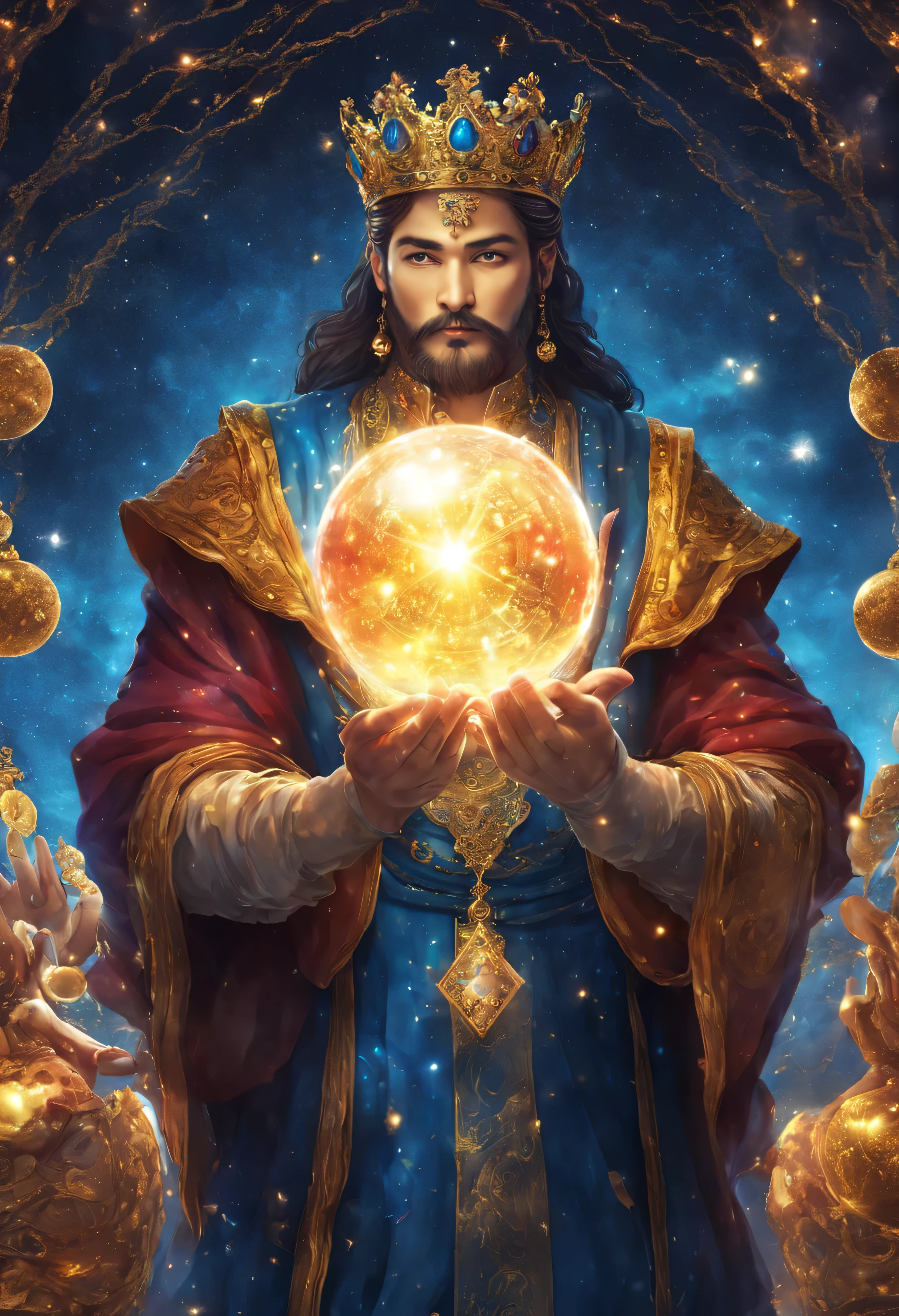 Tarot fortune telling、crown、a handsome guy、A shining enchanting deity adorned with jewels、Handsome guy、Holding a glowing sphere in your hand、Look directly at the camera, in the center,very bright colors, particles of light, shining blue background、light shines, Musif, wallpaper art, UHD Wallpapers、Mysterious、shining blue aura、upper body up