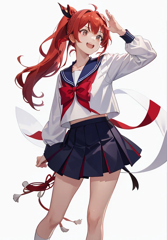 Genshin、Yoimiya、1 girl、As-、laughter、shirt、skirt、青いskirt、プリーツskirt、There&#39;s a light in my eyes、（eye highlights）、（）Chirarism、Japanese high school uniform、sailor collar, blue sailor collar, sailor color, white sailor color, serafuku, red bow, red headband, red ribbon, school uniform, （portrait from the knees up）、ponytail、brunette