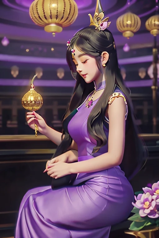 craft  top notch,  girl  solo  ((adult female)),  long hair  hair,  princess  (Black dress reflection) (Purple dress reflection) (Golden dress reflection) Fantasy,  happy  watching the viewer;  cartoon  anime  (oil painting) Burmese girl  18 years old Bagan pagoda scene background clear Hd 8k