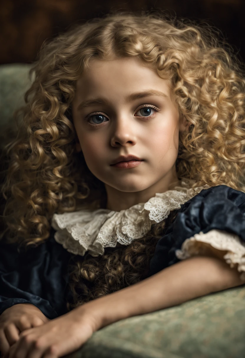 Extrememly realistic wean aged 5 with blonde unruly curly hair lying on  a couch with her hands on her chin  black mountain college, bloomsbury group, portraiture style of edwardian beauty, layered textures , elegantly formal (Rembrandt Lighting), zeiss lens, ultra realistic, (high detailed skin:1.2), 8k uhd, dslr, Dramatic Rim light, high quality, Fujifilm XT3 HDRI