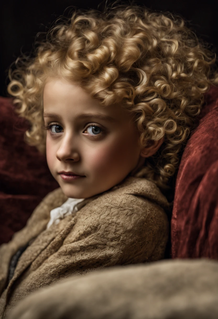 Extrememly realistic wean aged 5 with blonde unruly curly hair lying on  a couch with her hands on her chin  black mountain college, bloomsbury group, portraiture style of edwardian beauty, layered textures , elegantly formal (Rembrandt Lighting), zeiss lens, ultra realistic, (high detailed skin:1.2), 8k uhd, dslr, Dramatic Rim light, high quality, Fujifilm XT3 HDRI