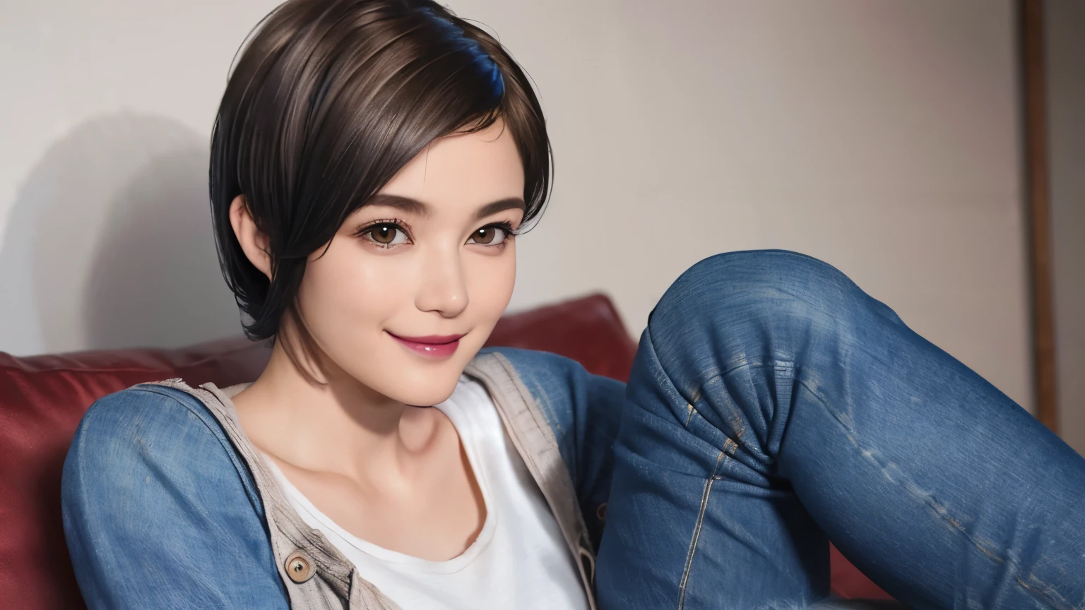 150
(20 year old woman,jeans), (Super realistic), (high resolution), ((beautiful hairstyle 46)), ((short hair:1.46)), (gentle smile), (brest:1.1), (lipstick)