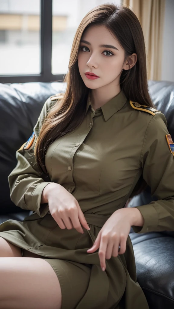 A beautiful woman wearing army soldier dress, detailed face, realistic, detailed pale skin, detailed body, detailed dress up, army dress, soldier dress, usa army, army, 8k