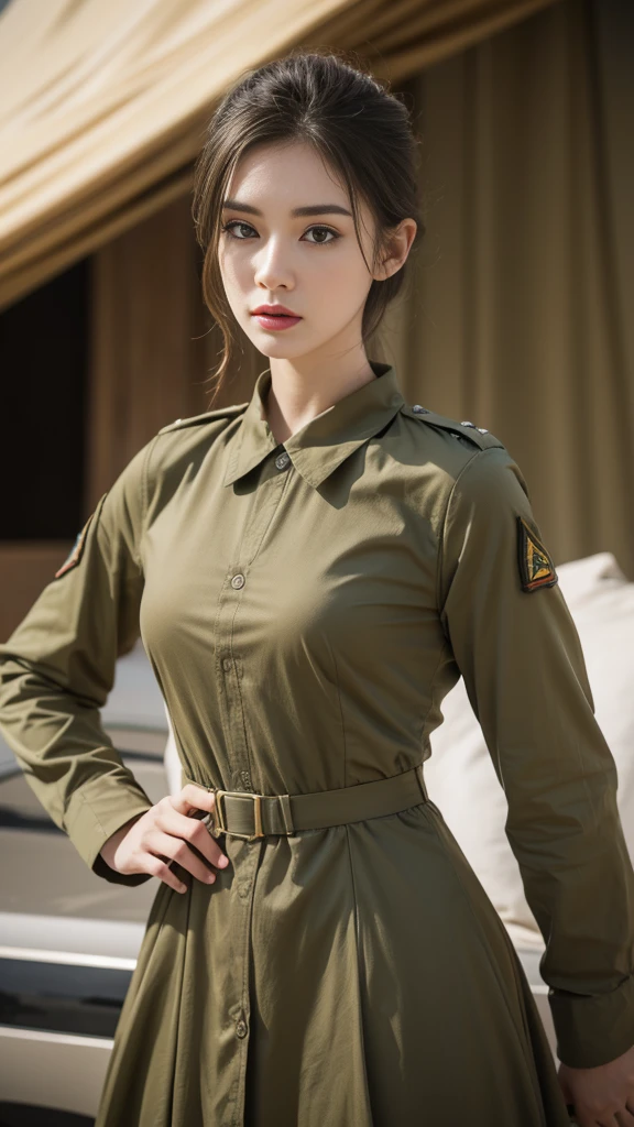 A beautiful woman wearing army soldier dress, detailed face, realistic, detailed pale skin, detailed body, detailed dress up, army dress, soldier dress, usa army, army, 8k