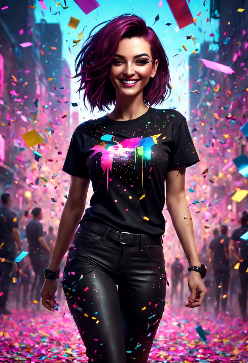 latin beautiful woman. smile. pink dark hair. cyberpunk style. brown eyes. tight black pants. tight black t-shirt. lights. confetti raining down. joyous celebrations. detailed matte painting, deep color, fantastical, intricate detail, splash screen, complementary colors, fantasy concept art, 8k resolution trending on Artstation Unreal Engine 5