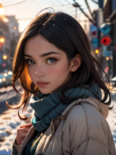 (((HD photo))), ultra high res.photorealistic:. 1.4, UHD, masterpiece, trending on artstation, closeup of head and shoulders, pretty, cute girl, most beautiful in the world, soft, delicate, long dark hair, perfect anatomy, (covered), sfw, wearing blue cardigan:. 1.6, cozy, sunkissed, bokeh, cold winter city morning background, winter, snowfall,  