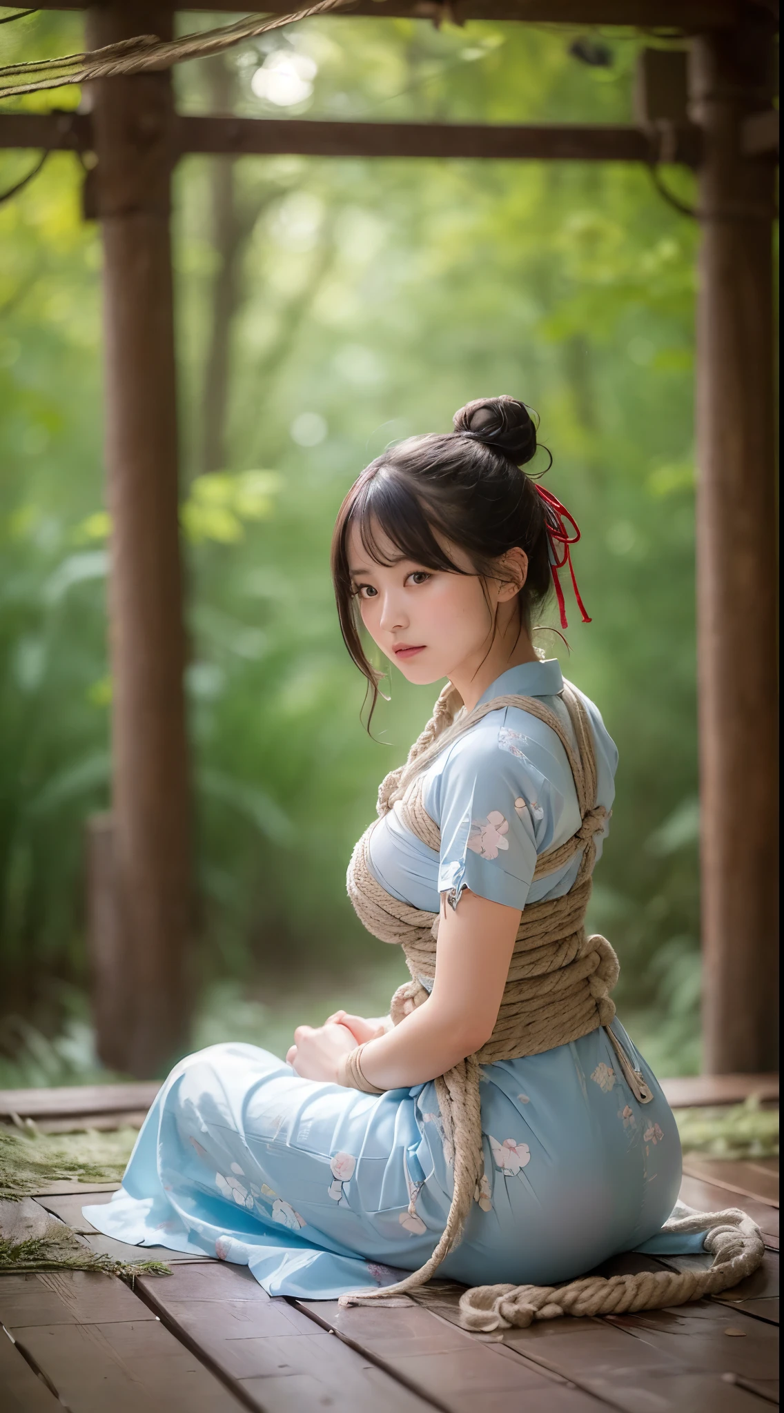highest quality, masterpiece, (Original photo, professional photography, photorealistic, realistic:1.3), Highly detailed CG 16K unified wallpaper, (best aesthetics, Natural light:1.1), ultra high resolution, (correct anatomy:1.5), ((Highly detailed skin texture:1.1)), ((View from the front:1.3)), throw, 1 girl, japanese woman, alone, looking at the viewer, cowboy shot, (24-years-old:1.1), (look younger than one's actual age:1.3),Long black hair, (single hair bun hair:1.5), pretty fine skin, black eyes, ((thin目:1.4)), Finely drawn nose, beautiful lips, (embarrassing:1.3), ((White Scrub, short sleeve:1.5)), ((a bit, thin:1.4)), ((beautiful breasts:1.2)), (((turn your arms behind your back, restrained, shibari, rope bondage:1.5))), (((Sitting on the ground:1.4))), (((outdoor, midnight, Deep in the forest、In front of the shrine:1.2)))、Shabby kimono、short kimono、