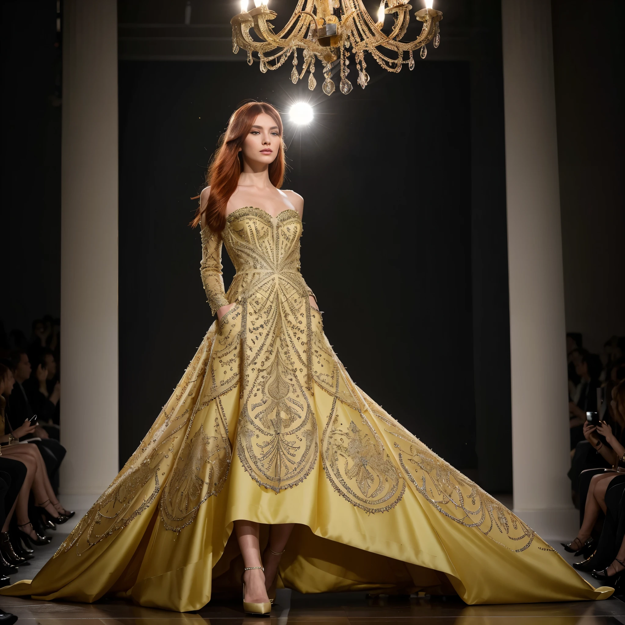 Capture a stunning and highly detailed photograph of a young runway model with vibrant red hair, gracefully showcasing an haute couture dress adorned with yellow and black fringe details during a fashion show in Milan. Utilize a top-tier camera such as the Canon EOS R6 Mark II or Nikon D850, paired with a lens suitable for fashion photography, like an 85mm or 135mm lens. Pay meticulous attention to lighting, ensuring it accentuates the intricate details of the dress while highlighting the model's features. Aim for a composition that not only captures the elegance and poise of the model but also emphasizes the movement and texture of the fringe on the dress. Strive for a professional image that reflects the glamour and sophistication of high-fashion runway moments, providing viewers with a glimpse into the world of Milanese couture.