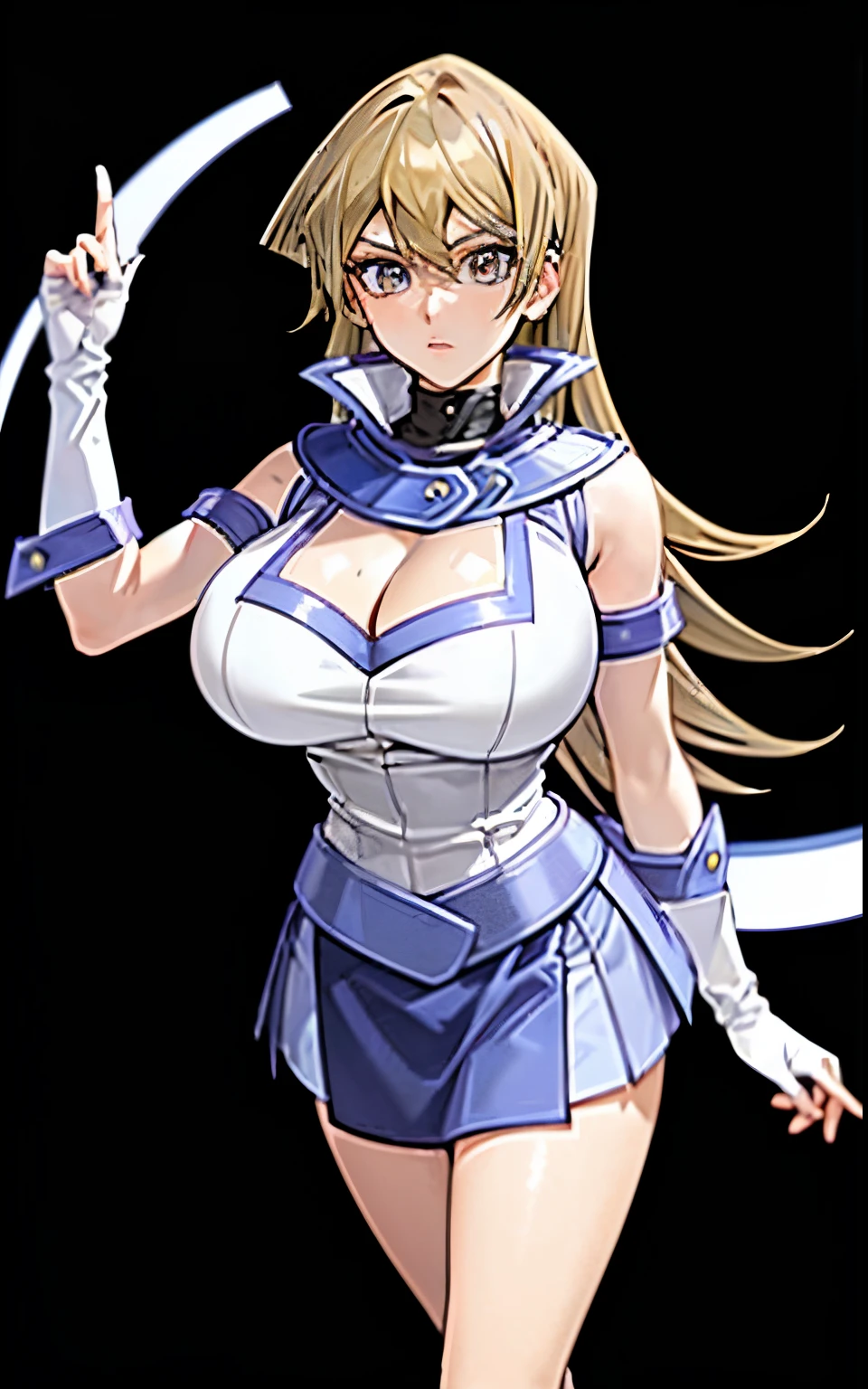 (masterpiece,best quality,ultra-detailed,highres,illustration:1.2),((asuka tenjouin)), (collar), blue and white colors, (dark blonde), extremely detailed wallpaper,official art, (long hair), blue skirt, blue gloves, amazing,high detail,ultra-detailed,extremely detailed 8k wallpaper,(character design),(simple background, white background: 1.3),(1girl),(solo),(young girl:1.2),(taimanin suit),sexy,perfect anatomy,beautiful face,perm hairstyle,silver hair colour,big breasts,cowboy shot,standing,looking at viewer