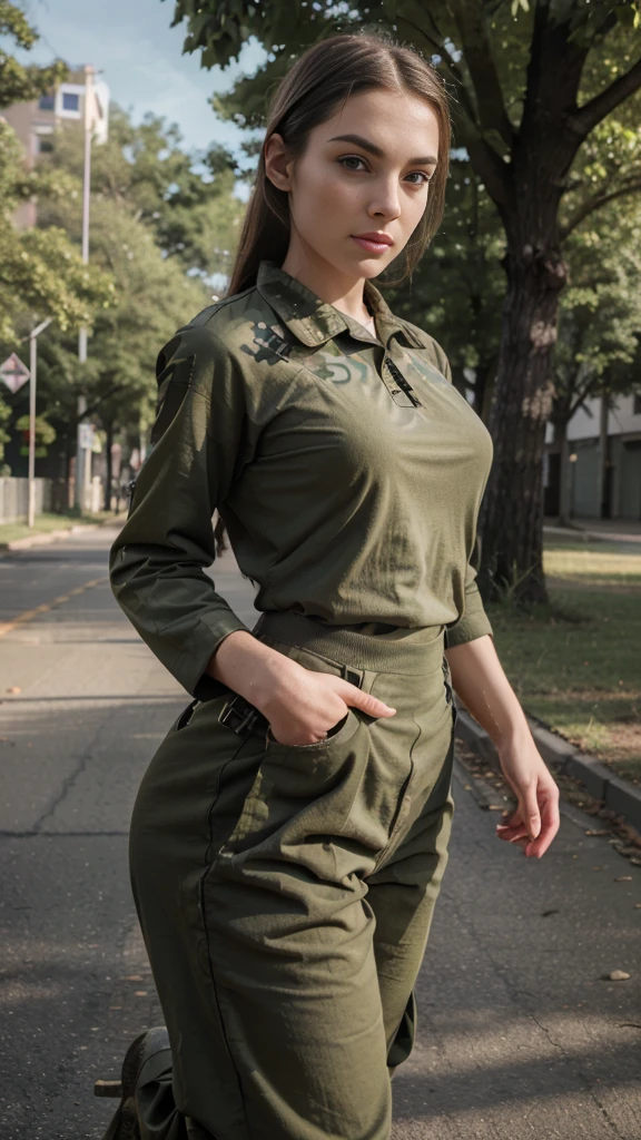 A beautiful woman wearing army soldier dress, detailed face, realistic, detailed pale skin, detailed body, detailed dress up, (( army shirt, army pants )) 8k