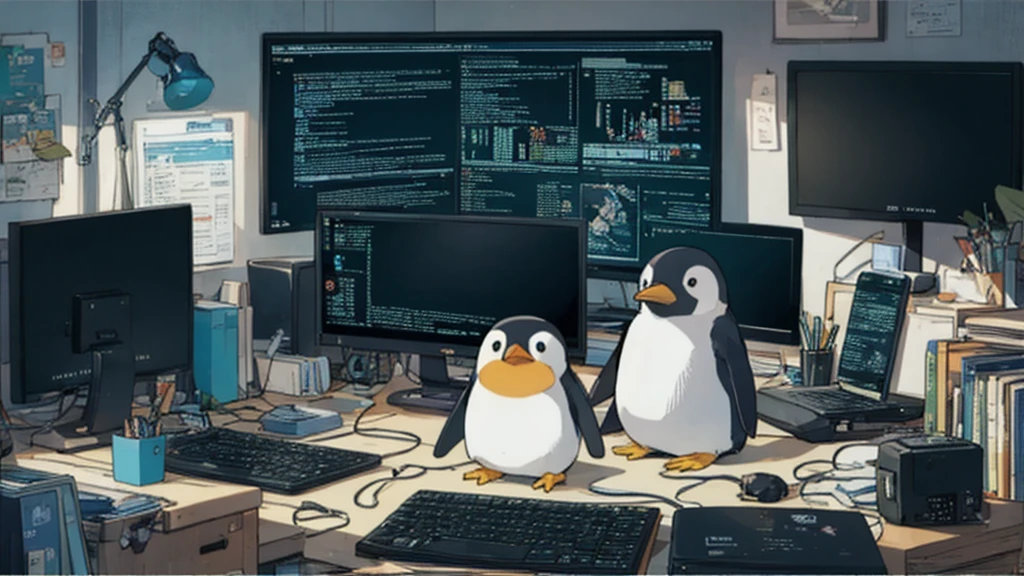 Penguin sitting at a desk with a computer and monitor, Pingu sitting behind the computer, Anthropomorphic penguins, Corporate Animation Style, 🦩🪐🐞👩🏻🦳, mecha Anthropomorphic penguins, super detailed color lowpoly art, Linux, colorful anime movie background, Cool background, trending on cgstation