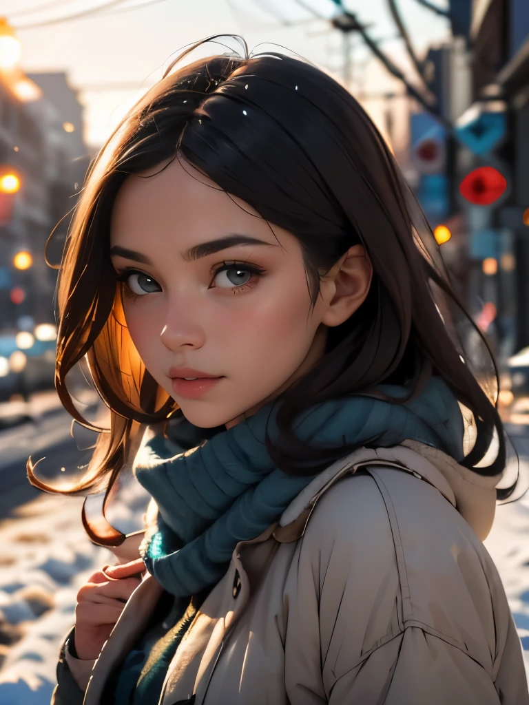 (((HD photo))), ultra high res.photorealistic:. 1.4, UHD, masterpiece, trending on artstation, closeup of head and shoulders, pretty, cute girl, most beautiful in the world, soft, delicate, long dark hair, perfect anatomy, (covered), sfw, wearing blue cardigan:. 1.6, cozy, sunkissed, bokeh, cold winter city morning background, winter, snowfall,  