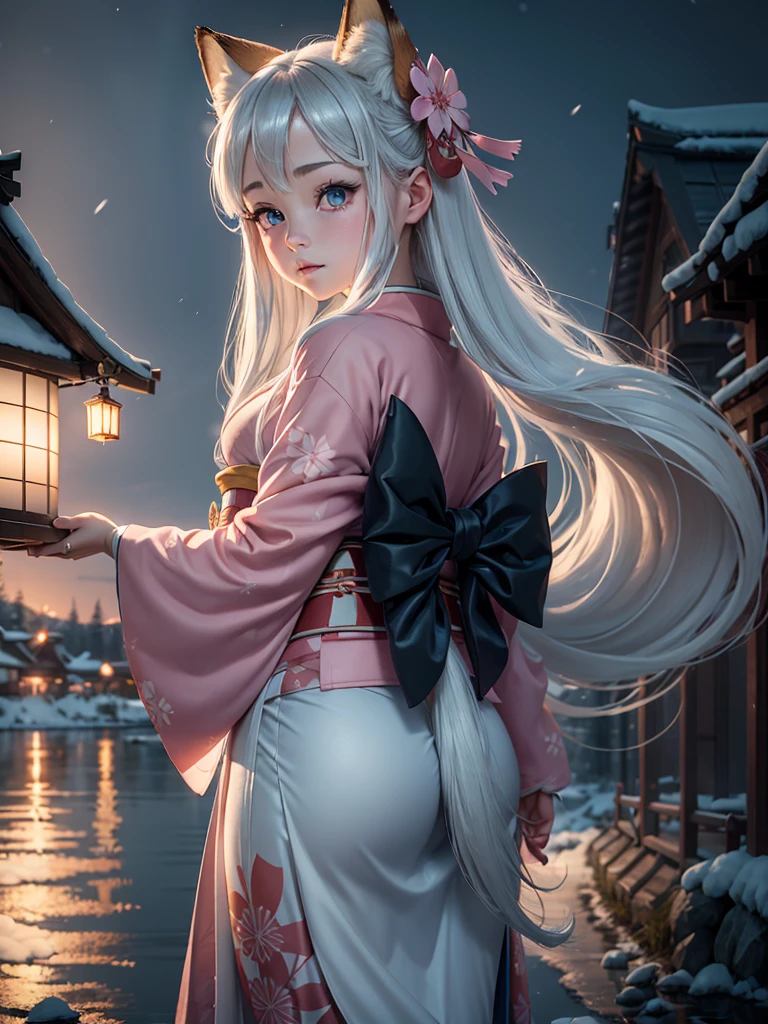 (High Detail CG Unity 16k wallpaper:1.1), (Noise reduction strength:1.45), (masterpiece:1.37), original, (andても上品で美しい), (perfect details), (Unity CG8K Wallpaper:1.05), (beautiful clear background:1.25), (one pretty girl (2 fox ears:0.9) and (fox tail on the back:1.2) Stand by the river:1.15). (Cute type:1.3), (narrow clean eyes:1.lettie face:1.3), silver hair, silver ears, (pink hair:0.7), (Pink ears:0.7), long hair, (japanese kimono:1.25), (windblown hair:1.1), (blue eyes:1.1), ( girl:1. 1) butterfly flapping its wings, (moonlight:0.6), wood, snow dance, (Winter orientation), (night:1.2), (gloves:0.8), alone, (figure), (Depth of bounds written:0.7), (close :0.35), god's rays, sparks, shining light, (must-have)
