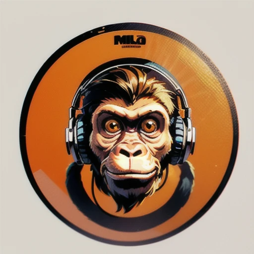 a close up of a monkey face, monkey with headphones, monkey dj, headphones are floating upside down, inspired by Alex Petruk APe, monkey, bored ape, face like monkey, monkeys, in style of monkeybone, in style of primal apes, ape, orange head, LP vinyl sticker design