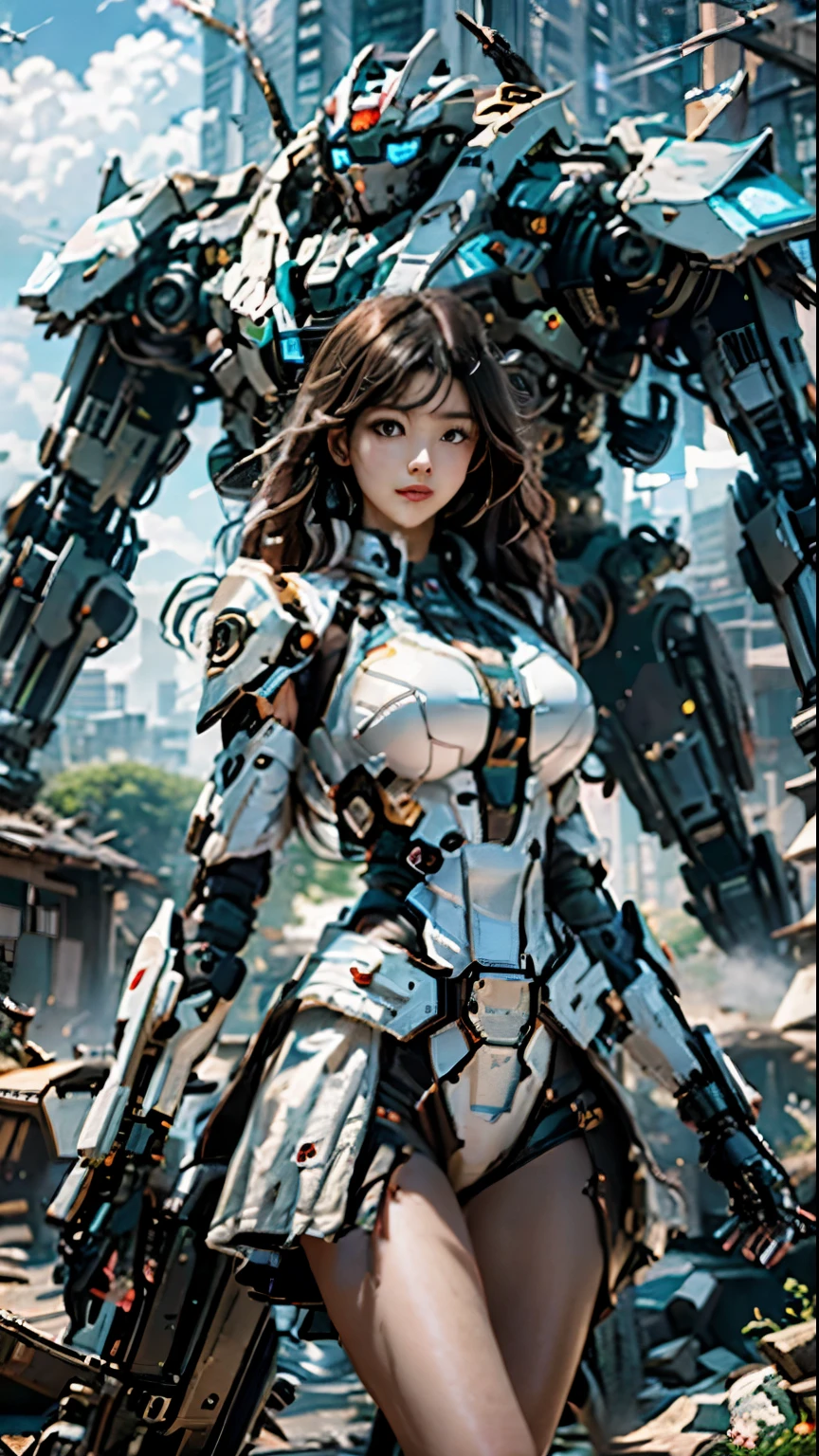 ((Best Quality)), ((Masterpiece)), (Very Detailed:1.3), 3D, Shitu-mecha, Beautiful cyberpunk woman with her black mech in the ruins of a city in the forgotten war, Ancient technology, white hair, HDR (High Dynamic Range), ray tracing, NVIDIA RTX, super resolution, unreal 5, subsurface scattering, PBR texture, post-processing, anisotropic filtering, depth of field, maximum sharpness and sharpness, multi-layer texture, albedo and highlight maps, surface shading, Accurate simulation of light-material interactions, perfect proportions, octane rendering, duotone lighting, low ISO, white balance, rule of thirds, wide aperture, 8K RAW, efficient sub-pixels, subpixel convolution, luminescent particles, light scattering, Tyndall effect