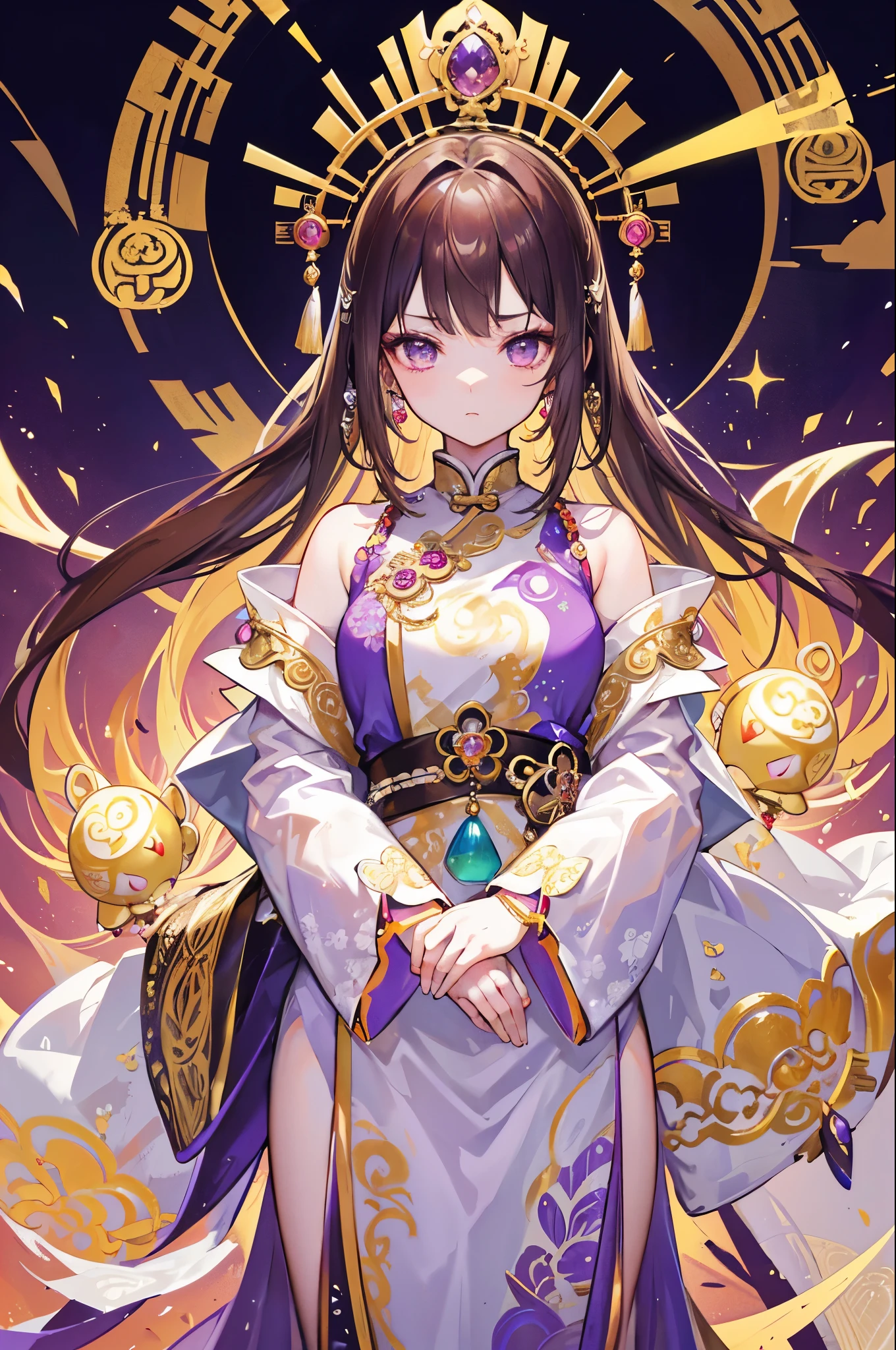 Extremely stunning，The whole body is glowing，Glow，Little princess，Extremely handsome, beautiful, tender and young，Late Qing Dynasty，Covered with gold and silver jewelry, luminous pearls and jade rings，Various decorations are prosperous，infinite beauty，Bit high weight，Light purple brown color scheme