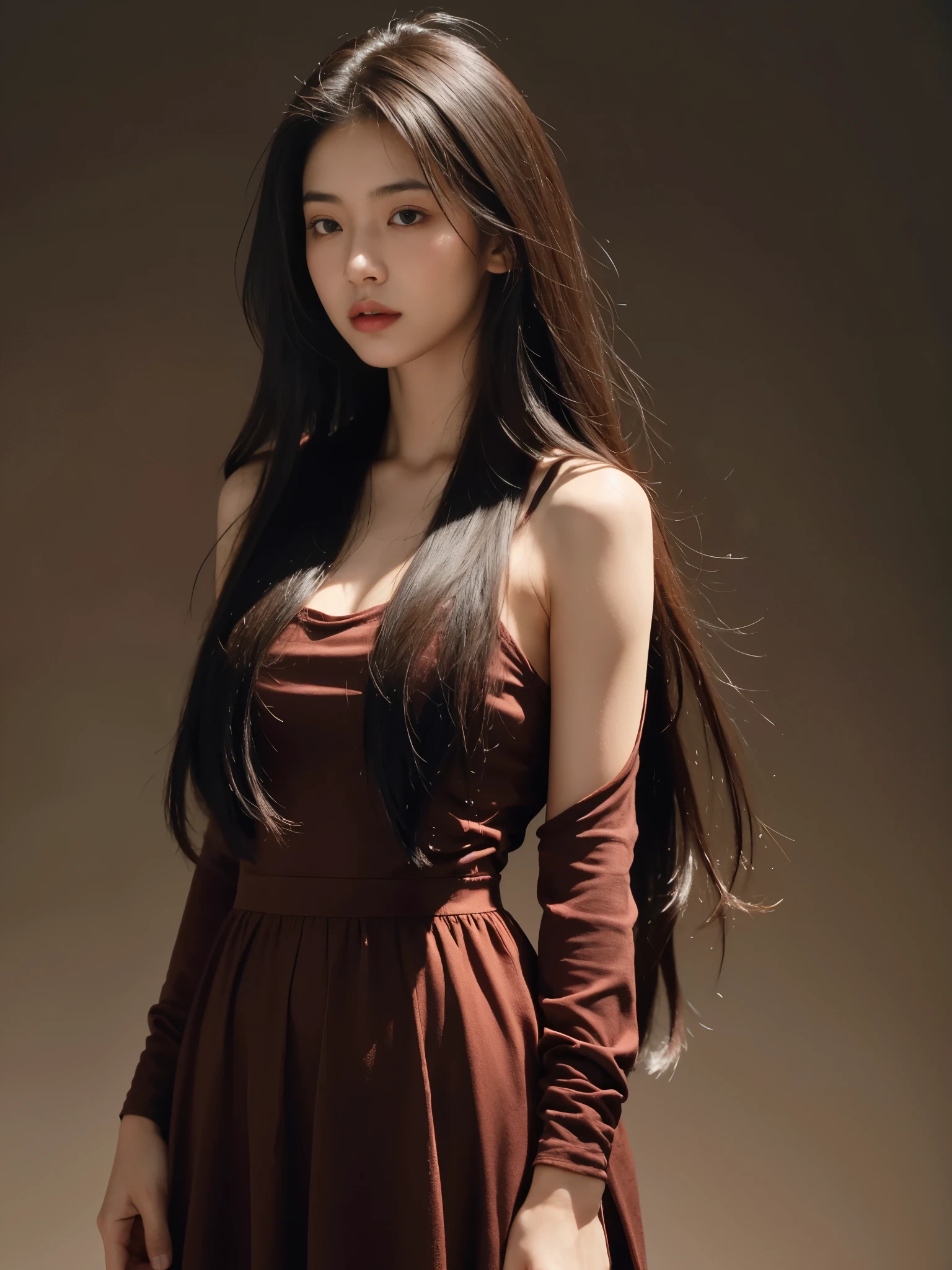 a 20 yo woman,long hair,dark theme, soothing tones, muted colors, high contrast, (natural skin texture, hyperrealism, soft light, sharp),red background,simple background, from the distance