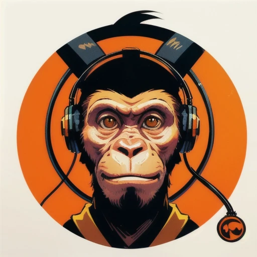 a close up of a sceptical monkey face, monkey dj, headphones are floating upside down, inspired by Alex Petruk APe, monkey, bored ape, face like monkey, monkeys, in style of monkeybone, in style of primal apes, ape, orange head, LP vinyl sticker design
