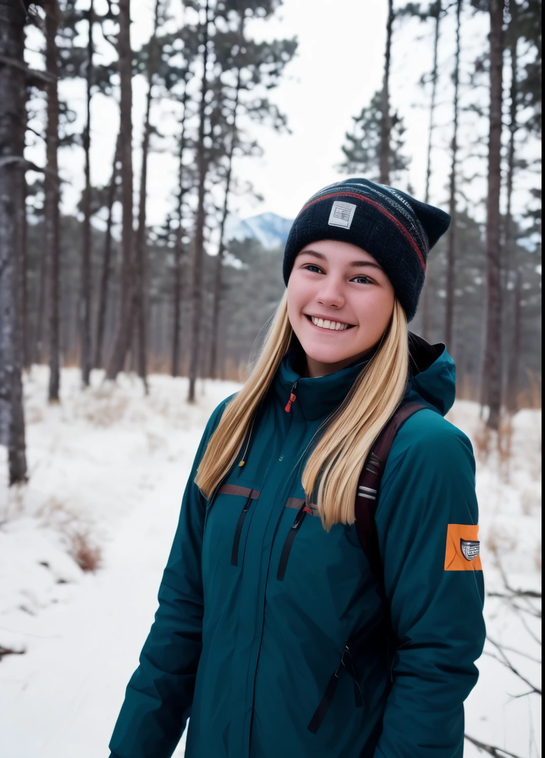 19 year old girl, intense blonde hair, beautiful smile at night in the forest, selfie, dressed for trekking, winter, laughing, at night, very dark, infrared photography, without flash, grainy, ((motion blur)), blurred, walking