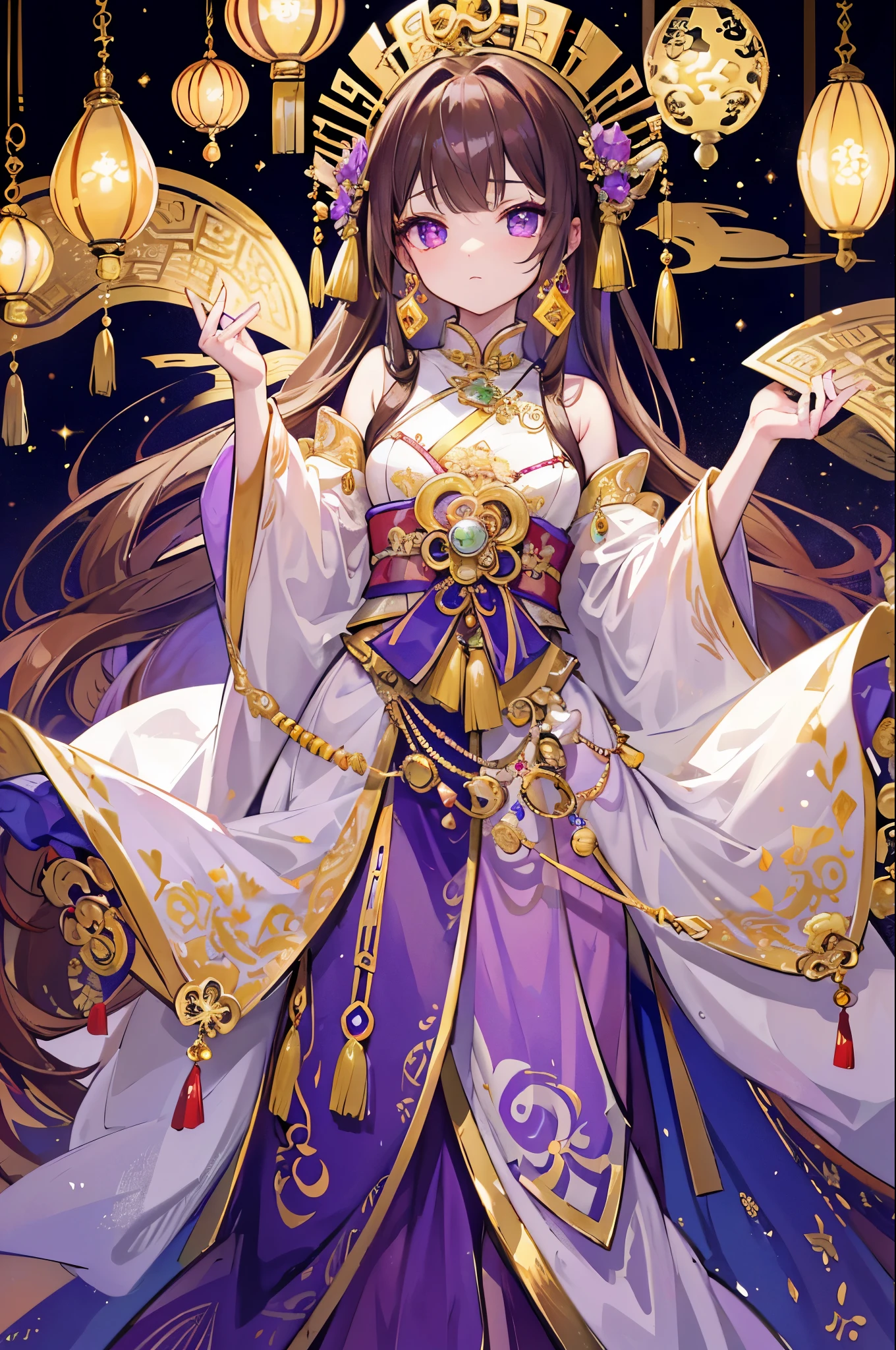 Extremely stunning,The whole body is glowing,Glow,Little princess,Extremely handsome, beautiful, tender and young,Late Qing Dynasty,Covered with gold and silver jewelry, luminous pearls and jade rings,Various decorations are prosperous,infinite beauty,Bit high weight,Light purple brown color scheme
