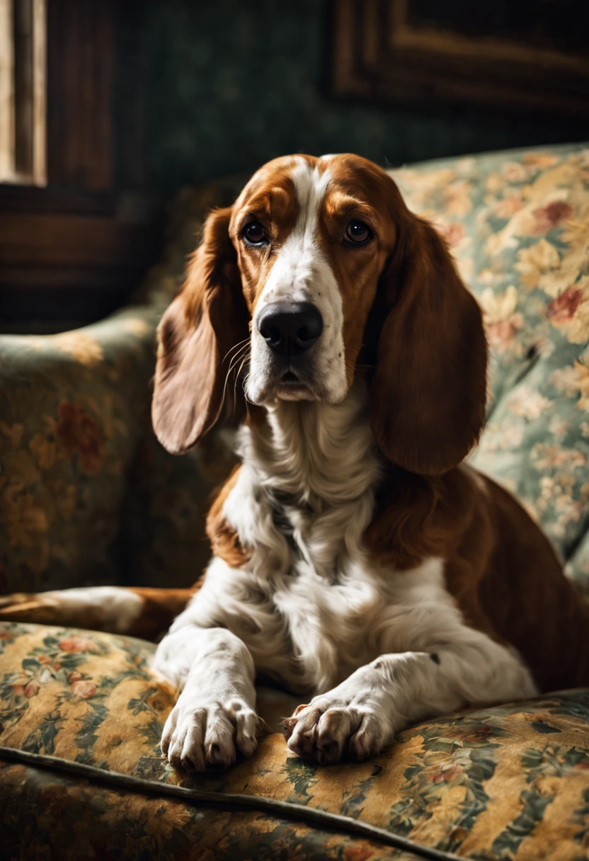Extrememly realistic Bassett Hound lying on  a couch black mountain college, bloomsbury group, portraiture style of edwardian beauty, layered textures , elegantly formal (Rembrandt Lighting), zeiss lens, ultra realistic, (high detailed skin:1.2), 8k uhd, dslr, Dramatic Rim light, high quality, Fujifilm XT3 HDRI