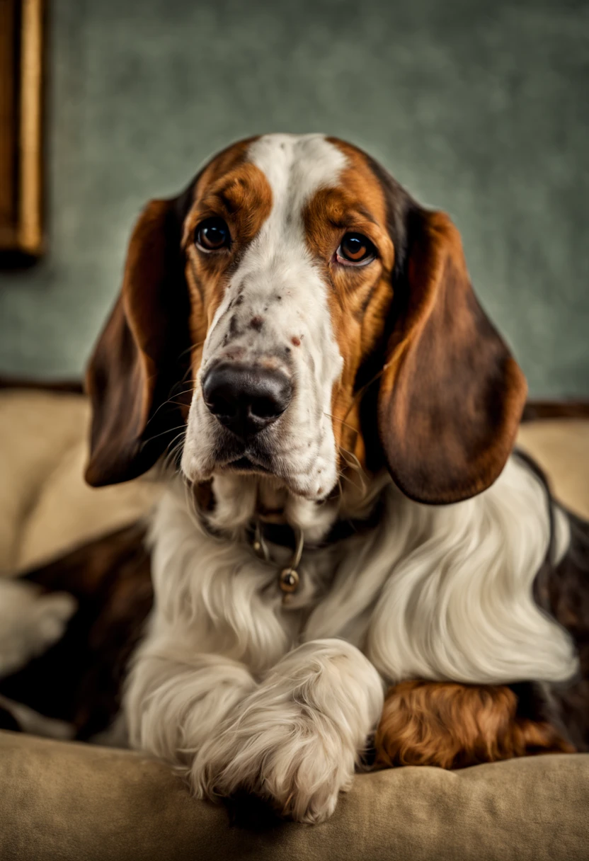 Extrememly realistic Bassett Hound lying on a couch black mountain college, bloomsbury group, portraiture style of edwardian beauty, layered textures , elegantly formal (Rembrandt Lighting), zeiss lens, ultra realistic, (high detailed skin:1.2), 8k uhd, dslr, Dramatic Rim light, high quality, Fujifilm XT3 HDRI