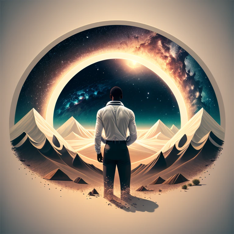 black guy in a landscape in space using a white shirt