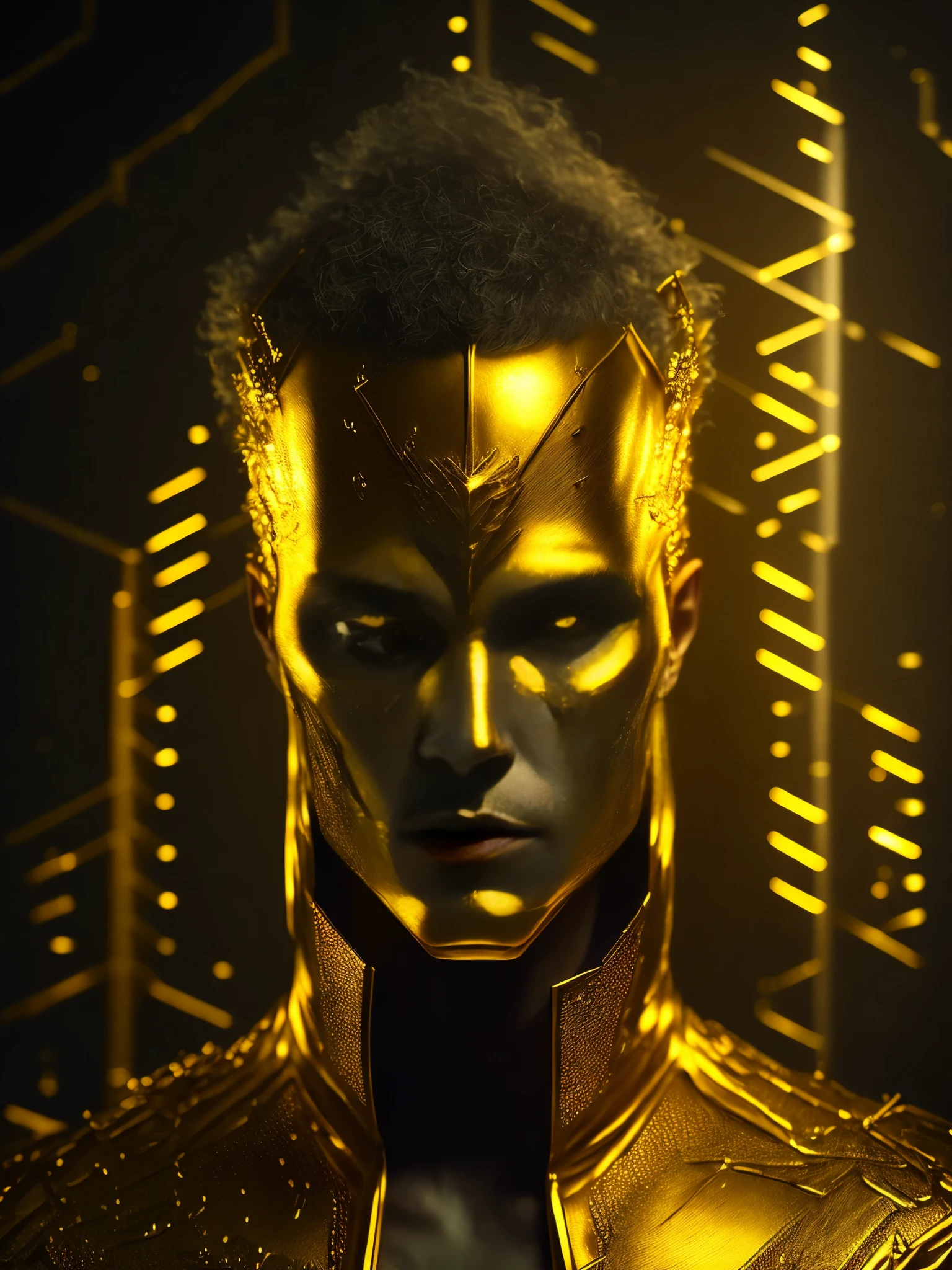 Gloomy portrait of Grim made of  gold sprayed with gold from Marvel with intricate angular cybernetic implants inside a brutalist, Gothic abounded hospital, cyberpunk, award-winning photo, bokeh, neon sign lights, cybernetic limb