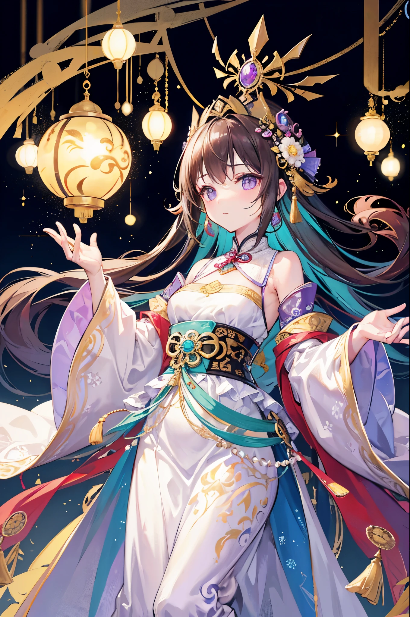 Extremely stunning,The whole body is glowing,Glow, princess,Extremely handsome, beautiful, tender and young,Late Qing Dynasty,Covered with gold and silver jewelry, luminous pearls and jade rings,Various decorations are prosperous,infinite beauty,Bit high weight,Light purple brown color scheme